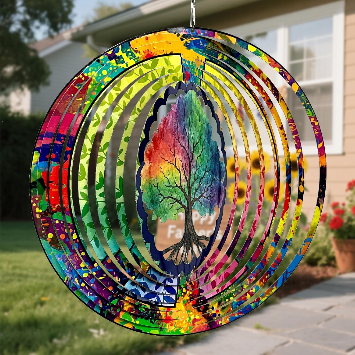 Tree of Life ウィンドスピナー - 3Dステンレススチール風彫刻 屋内/屋外装飾用 - 12インチ カラフルなツリーガー