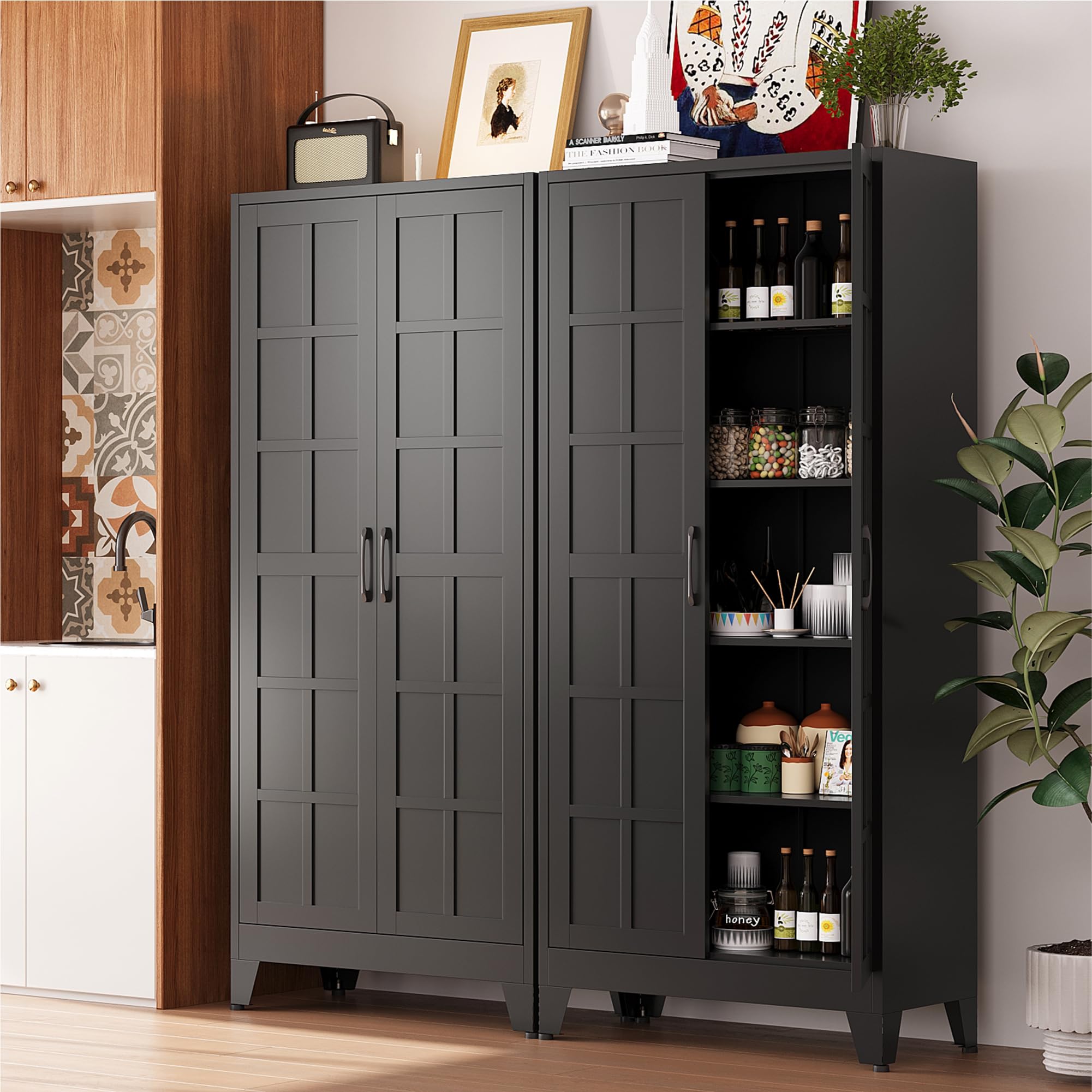 COFaR 71" Black Metal Storage Cabinet with Doors for Office and Garage