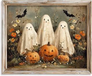 Halloween Ghosts and Pumpkins Wall Art Print, Vintage Oil Painting Style Halloween Decor, Rustic Fall Wall Decor with Ghost Trio, Jack O’Lanterns and Bats, Spooky Farmhouse Print (11X14inch-Unframed)