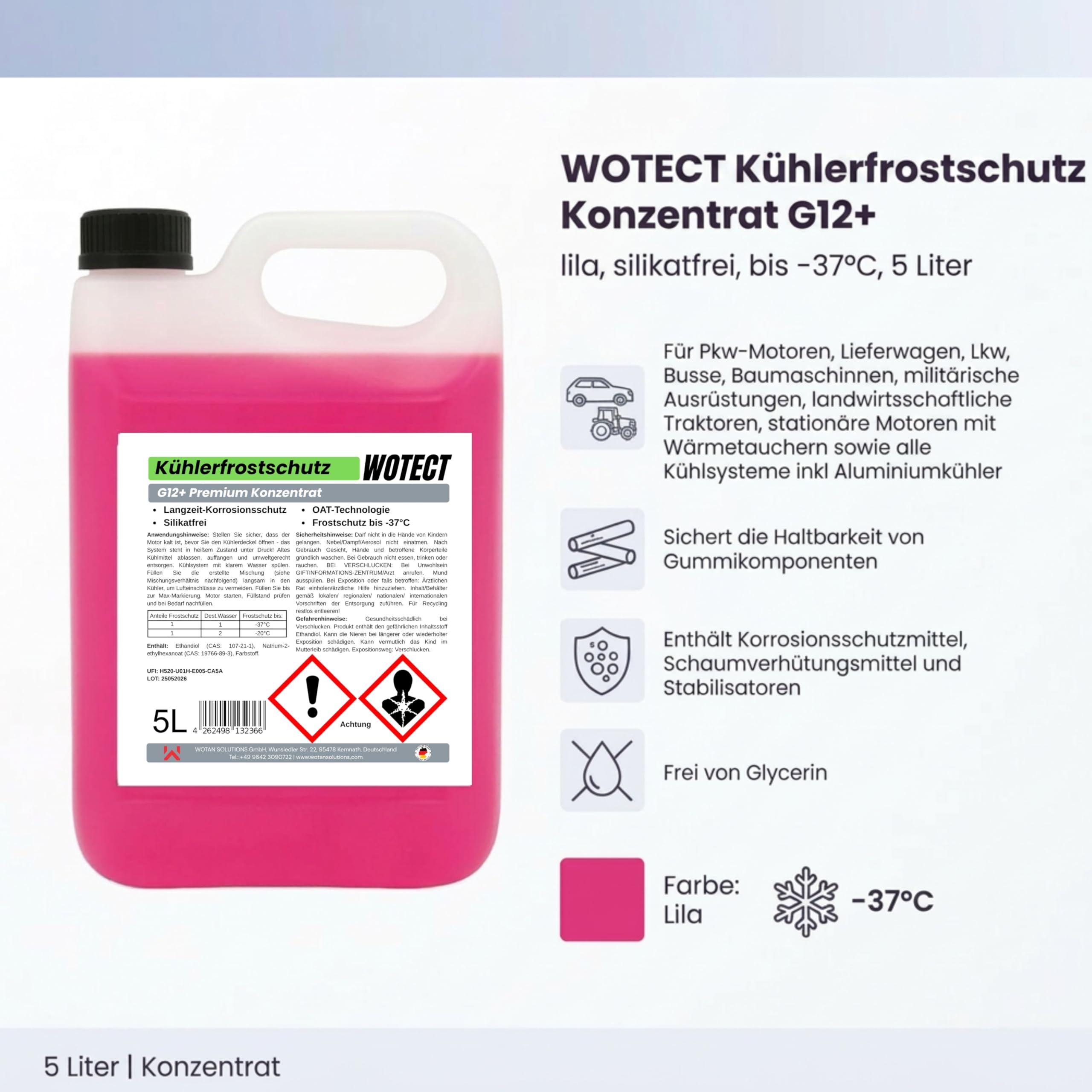 WOTECT 10L Kühlerfrostschutz G12+ Konzentrat – Silikatfrei, Lila – Frostschutz bis -37°C – Kühlmittel für PKW, LKW & Aluminiumkühler (2x5L)