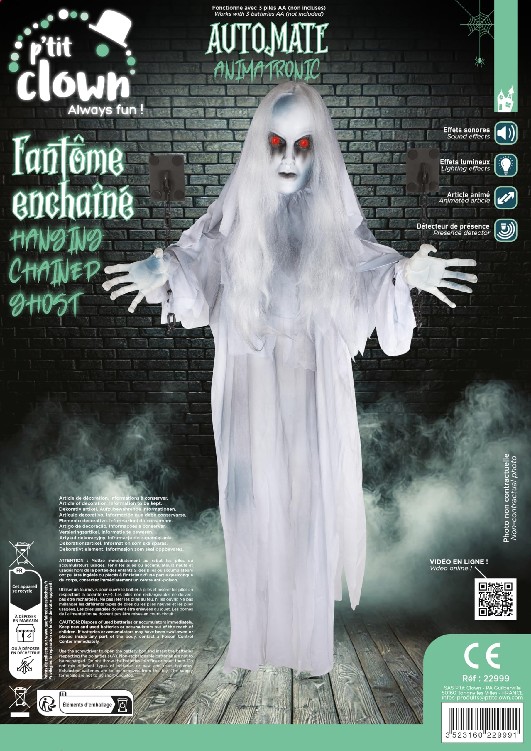 P'tit Clown - Autómata de Halloween animado - Animatrónico fantasma - Animatronics - Sonido y luminoso, decoración aterradora - Pilas no incluidas (130 cm)