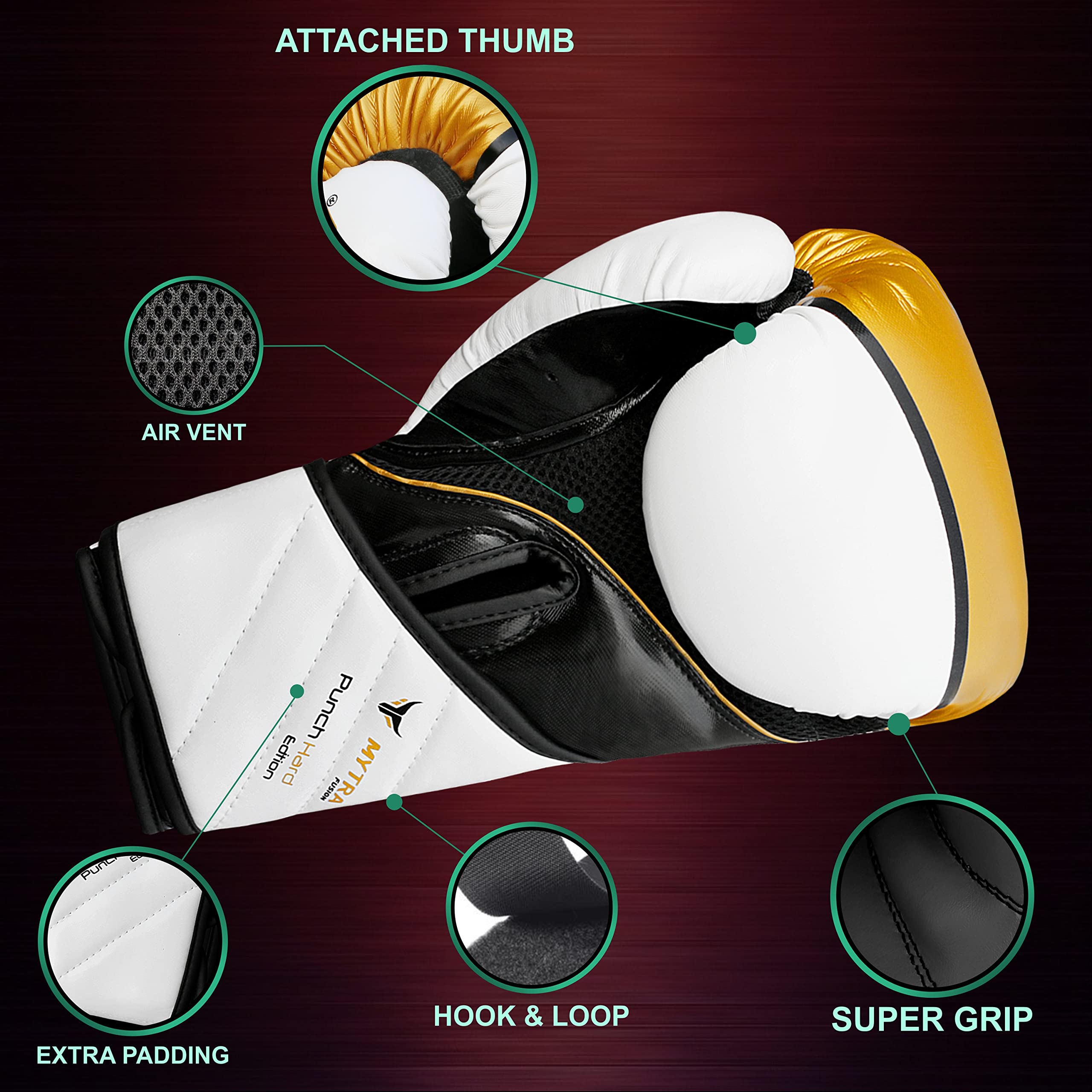 Mytra Fusion Boxing Gloves Punch Hard SL-5 Training Bag Gloves (White/Gold, 14-oz) - Image 3