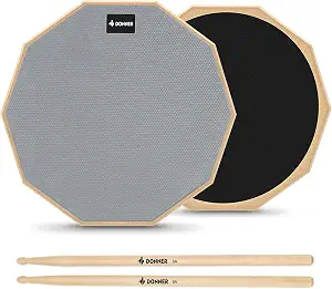 Donner 12 Inches Drum Practice Pad Silent Drum Pad Set Gray 2-Sided with Drum Sticks