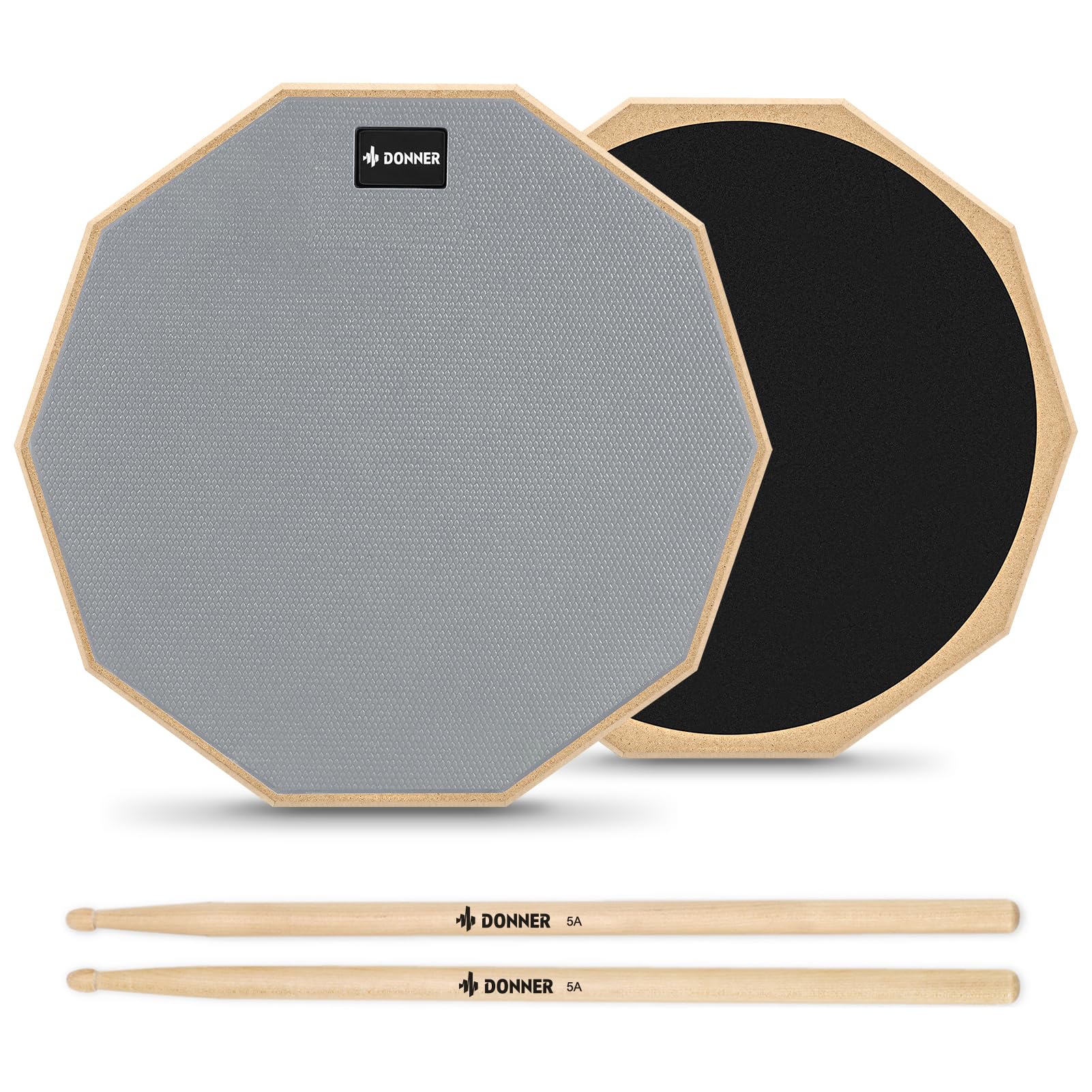 12 Inches Drum Practice Pad Silent Drum Pad Set Gray 2-Sided With Drum Sticks