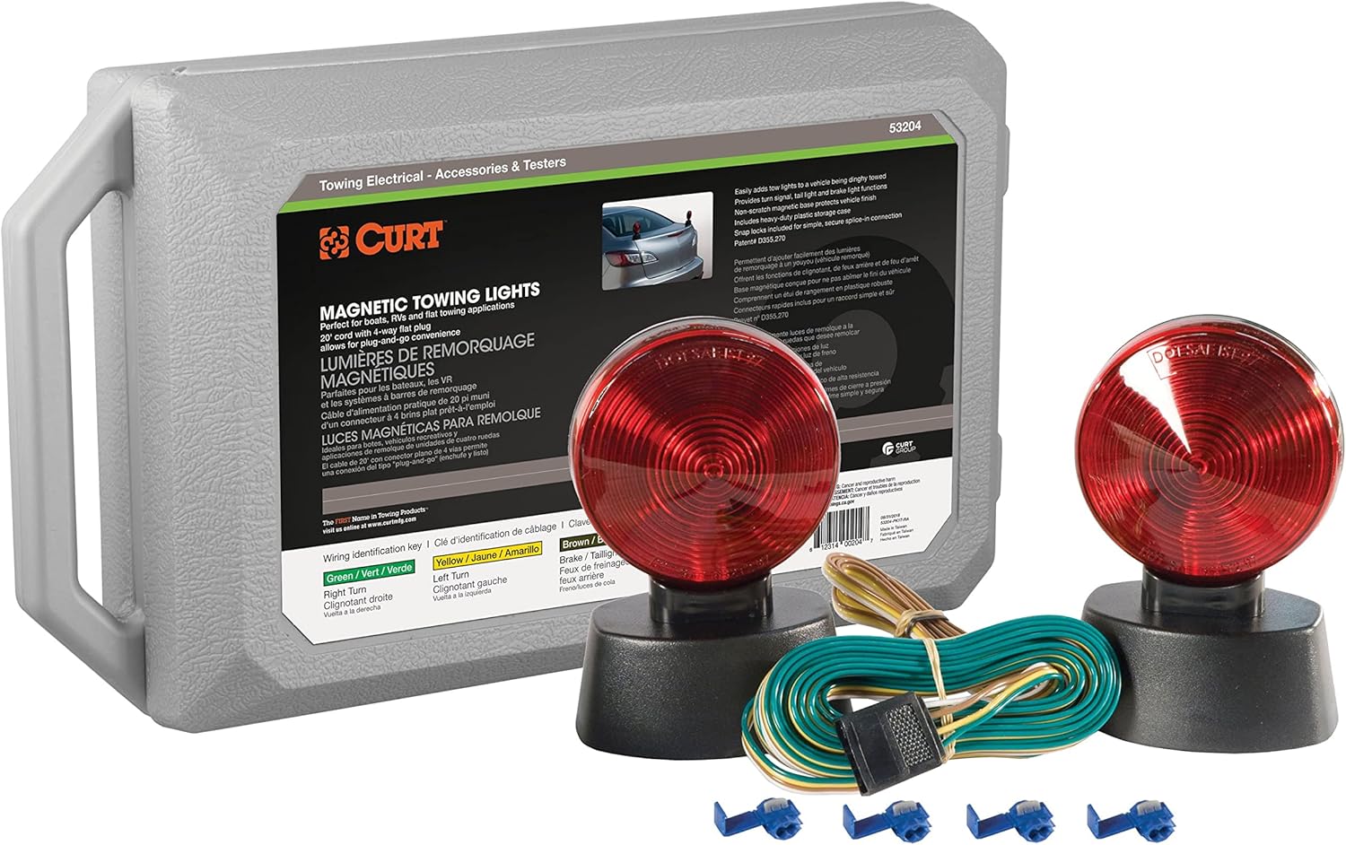 CURT Manufacturing 53204 Auxiliary Magnetic Towing Lights with 4-Way Flat Plug in Storage Case