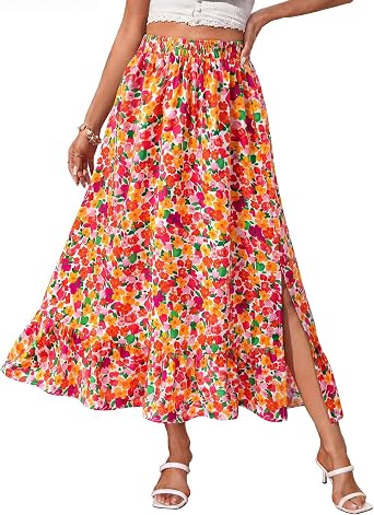Gaharu Womens Midi Skirt Summer Boho Flowy Elastic High Waist Skirts Casual Beach Vacation Dress