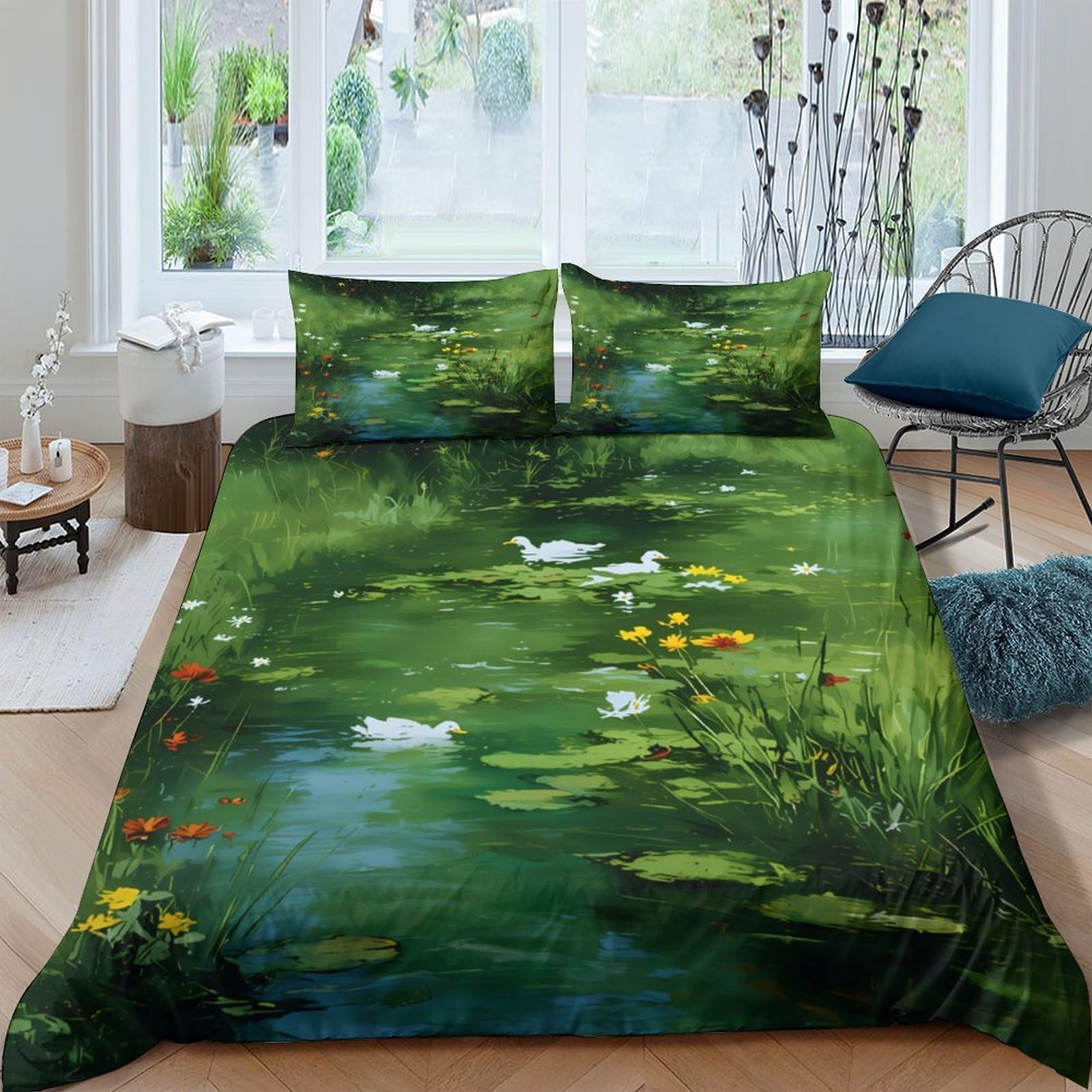 Ctjqhvkz Style-5 3D Printed Water Lily Pond Fitted Sheet Microfiber Green Nature Art Mattress Cover Bedroom Decor Single（135X200cm）