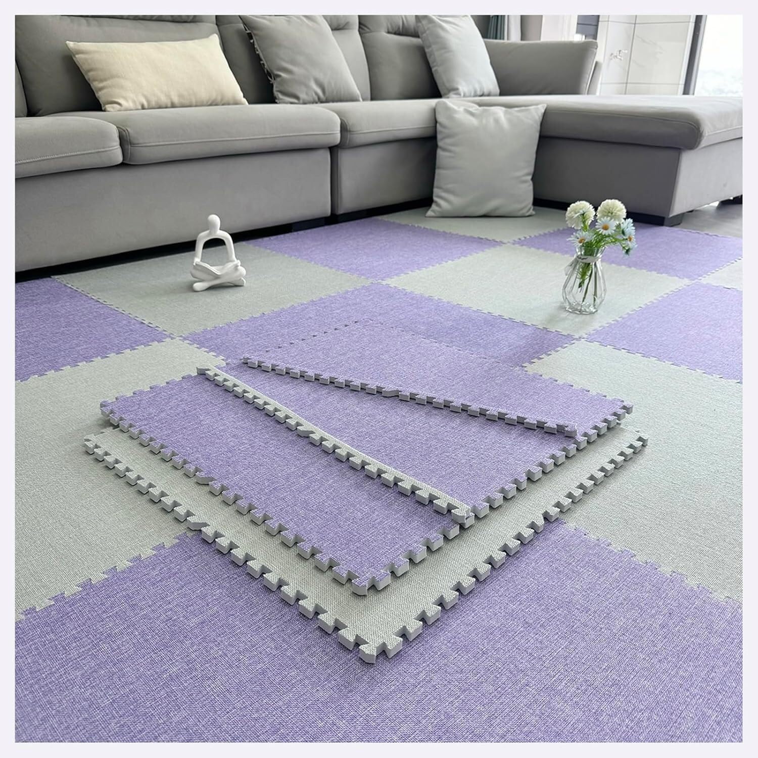 JvFbjLF Foam Interlocking Floor Mat 60cm Large Size Puzzle Area Rugs Play Mat DIY Square Carpet Soft Foam Flooring Tiles(Light Gray+Light Purple,30pcs)