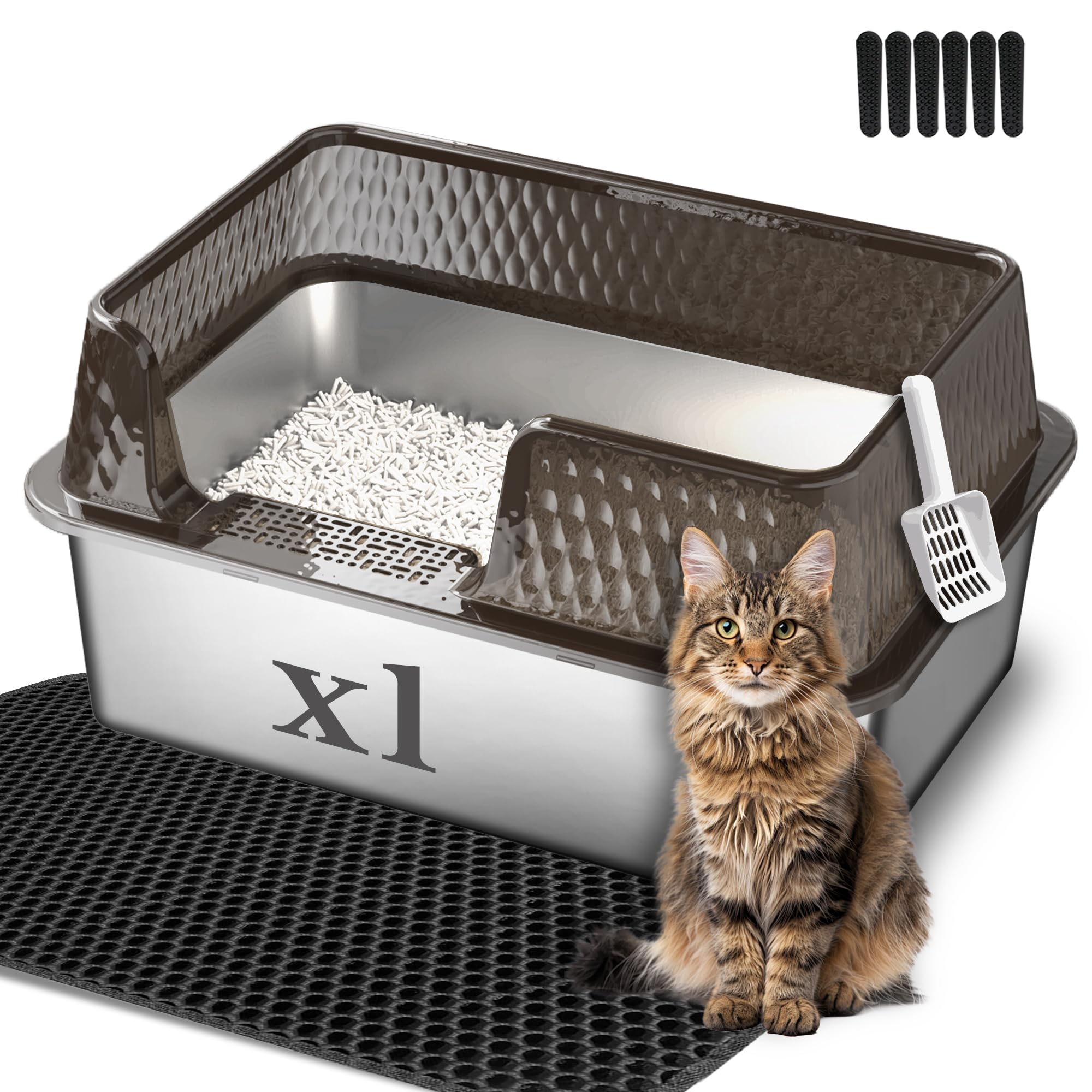 Suhaco Edelstahl Katzenklo mit Deckel Matte und Schaufel für katzentoilette Hohe Seiten XL Leicht Zu Reinigen Große Streukasten (XL,Schwarz)
