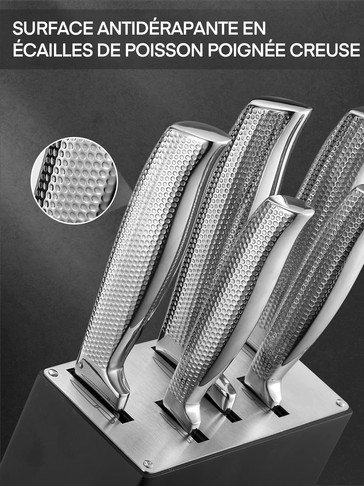 FOHERE Couteau Cuisine, 7 Pièces Set Couteaux Cuisine avec Technologie Affûteur Intégré, Couteaux de Cuisine en Acier Inoxydable, avec Bloc Couteaux en Bois
