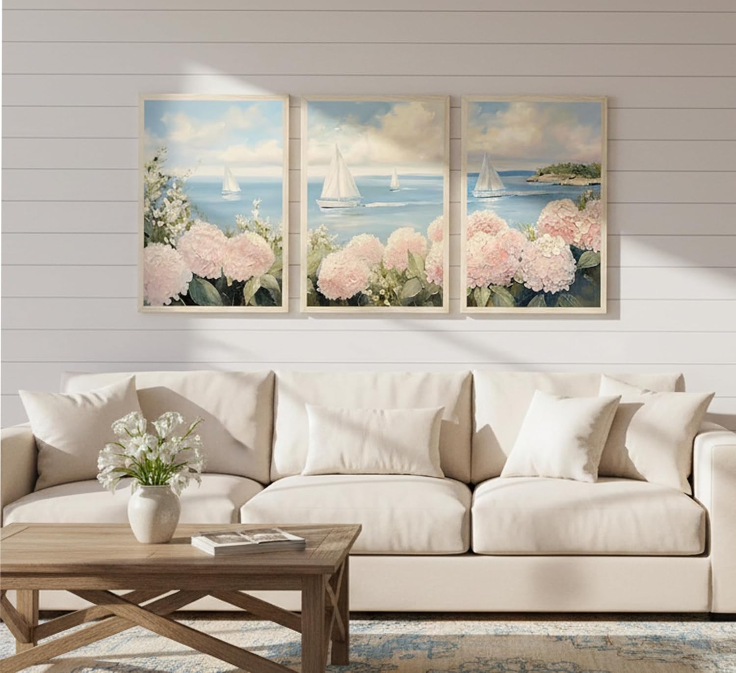 Set of 3 Pink Coastal Hydrangea Wall Art Seascape Floral Painting Picture Wall Decor Vintage Sailboats Poster print Artwork for Living Room Bedroom dormitory Home Decoration Unframed