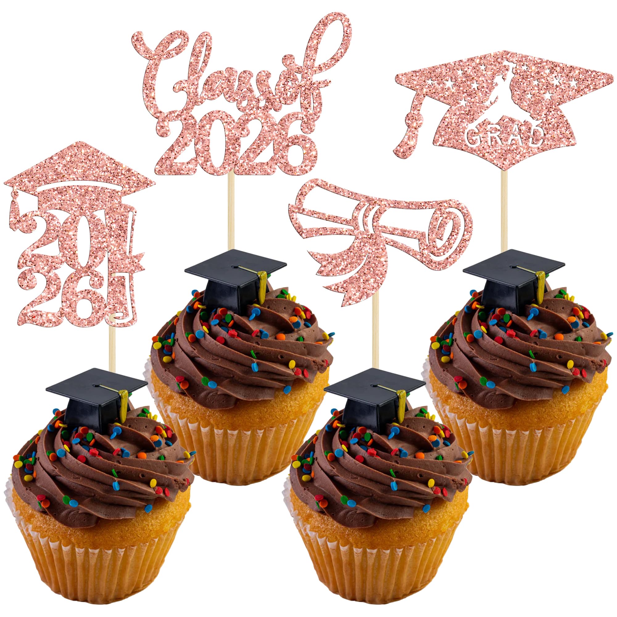 24Pcs Glitter 2026 Graduation Cupcake Toppers Class of 2026 Graduation Cap Diploma Cupcake Food Picks Congrats Grad 2026 Graduation Party Cake Decorations Rose Gold — image 1