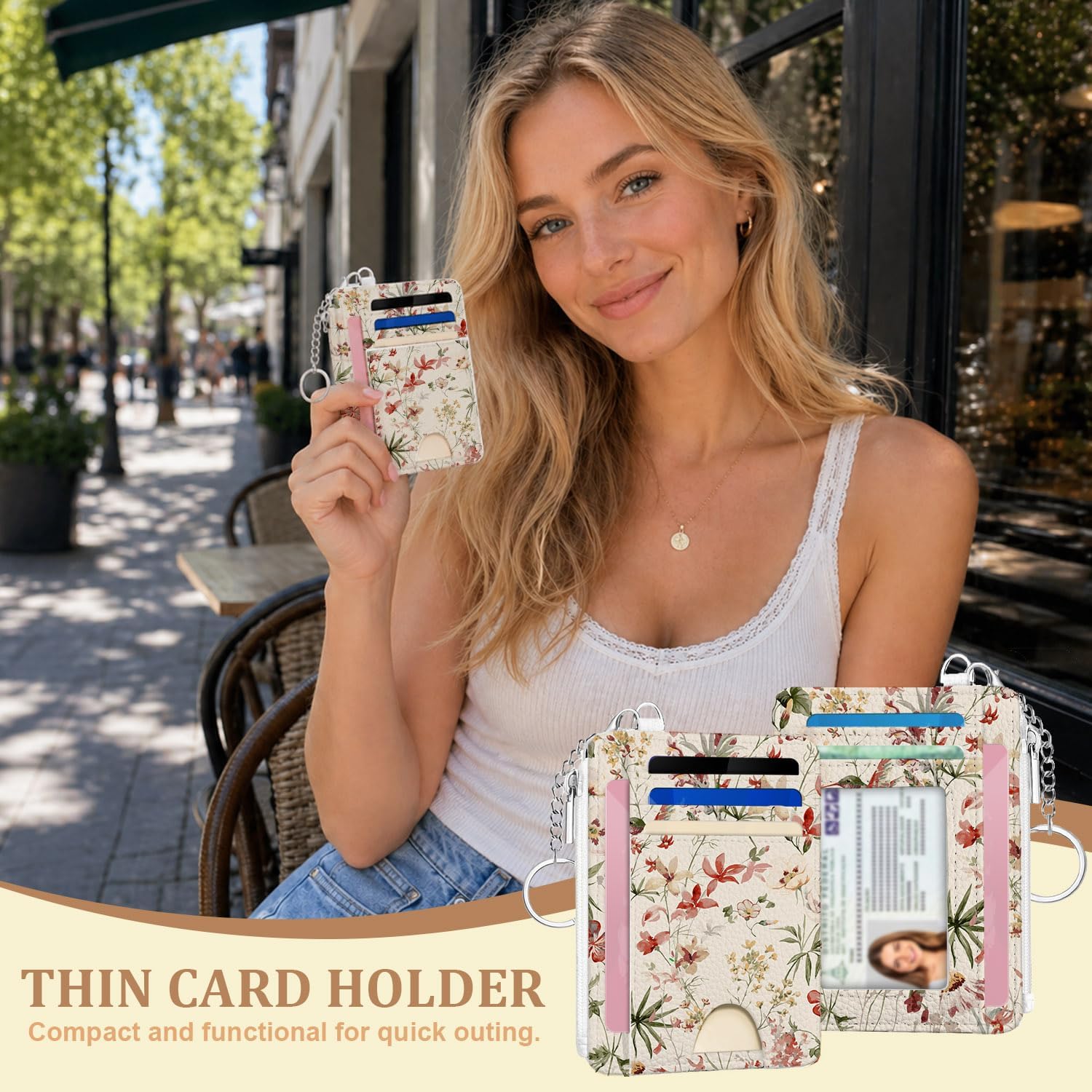 Flowers Slim RFID Blocking Small Wallet Keychain Set,Flower Credit Card Holder Wallet for Women, Zipper Coin Pocket Thin Card Holder Case with ID Window, Flower Card Holder Wallet Gift for Ladies image 5