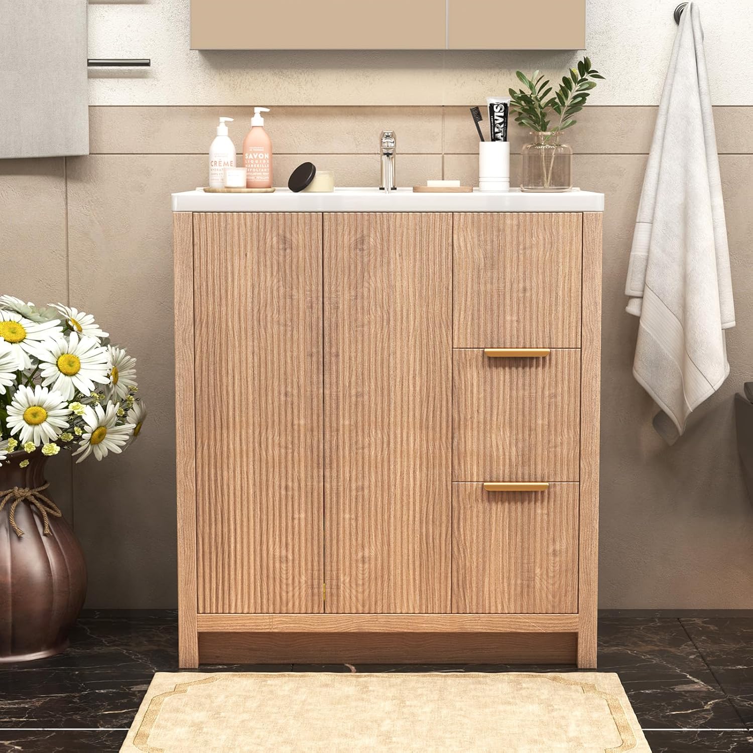 31.5'' Bathroom Vanity with Ceramic Single Sink Combo, Small Freestanding Bathroom Storage Vanity Cabinet with Drawer & Cabinet, Metal Handle, Natural Wood Color