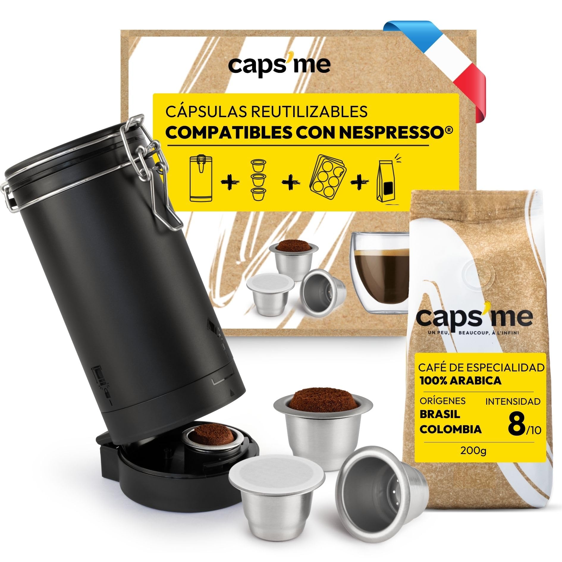 CAPS ME - Kit Completo de Cápsula Recargable para Nespresso Original (1 Agitador + 3 Cápsulas Reutilizables de Acero Inoxidable + 48 Tapas de Papel + Café Premium) - Regalo Económico y Ecológico.