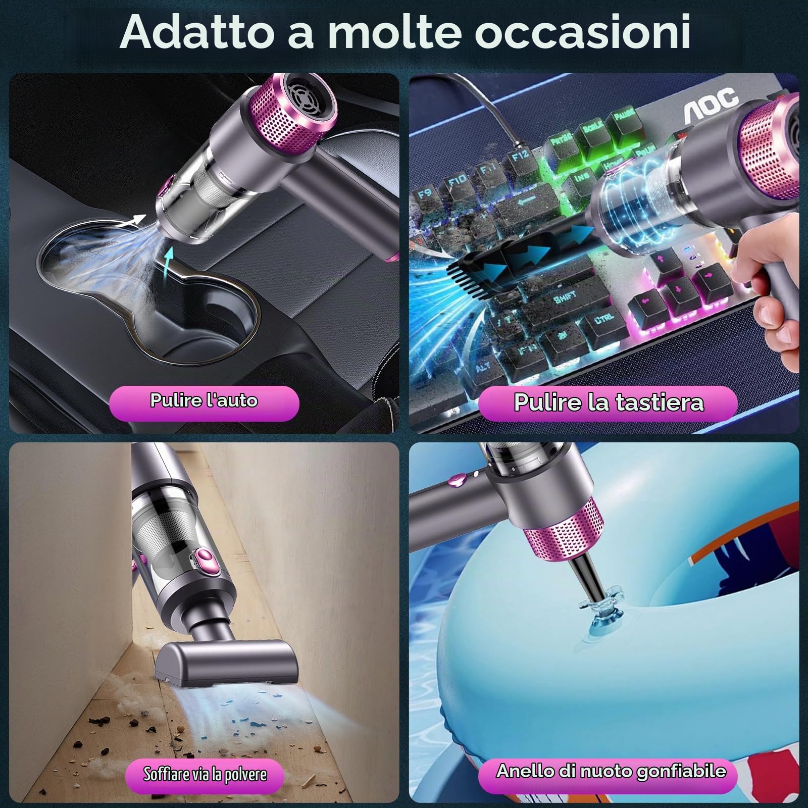 Anluomania Mini Aspirapolvere Senza Fili, 4 en 1 Mini Aspirabriciole senza Fili, 6500Pa Aspirapolvere Auto, Aspirapolvere Senza Fili Piccolo, Ricaricabile Aspirapolvere Portatile Per Auto
