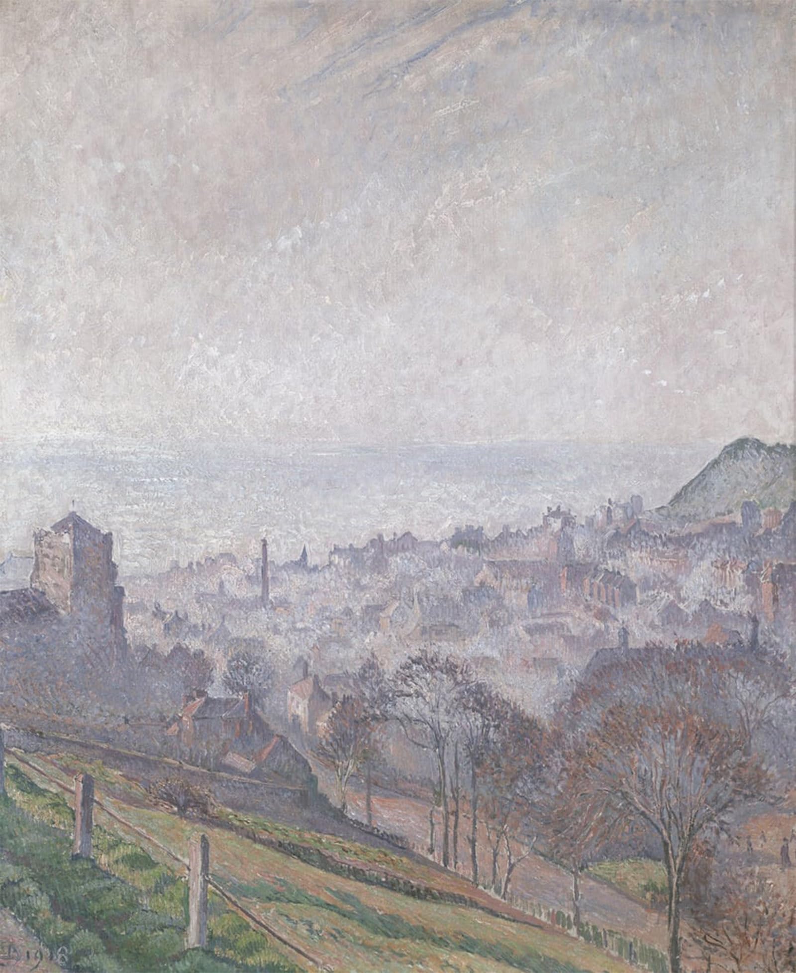 HRJUBWREE Oil Painting Prints on Canvas Painting Picture Hastings Mist Sun and Smoke by Lucien Pissarro Artwork Canvas Prints for Home Decor 60x90cm