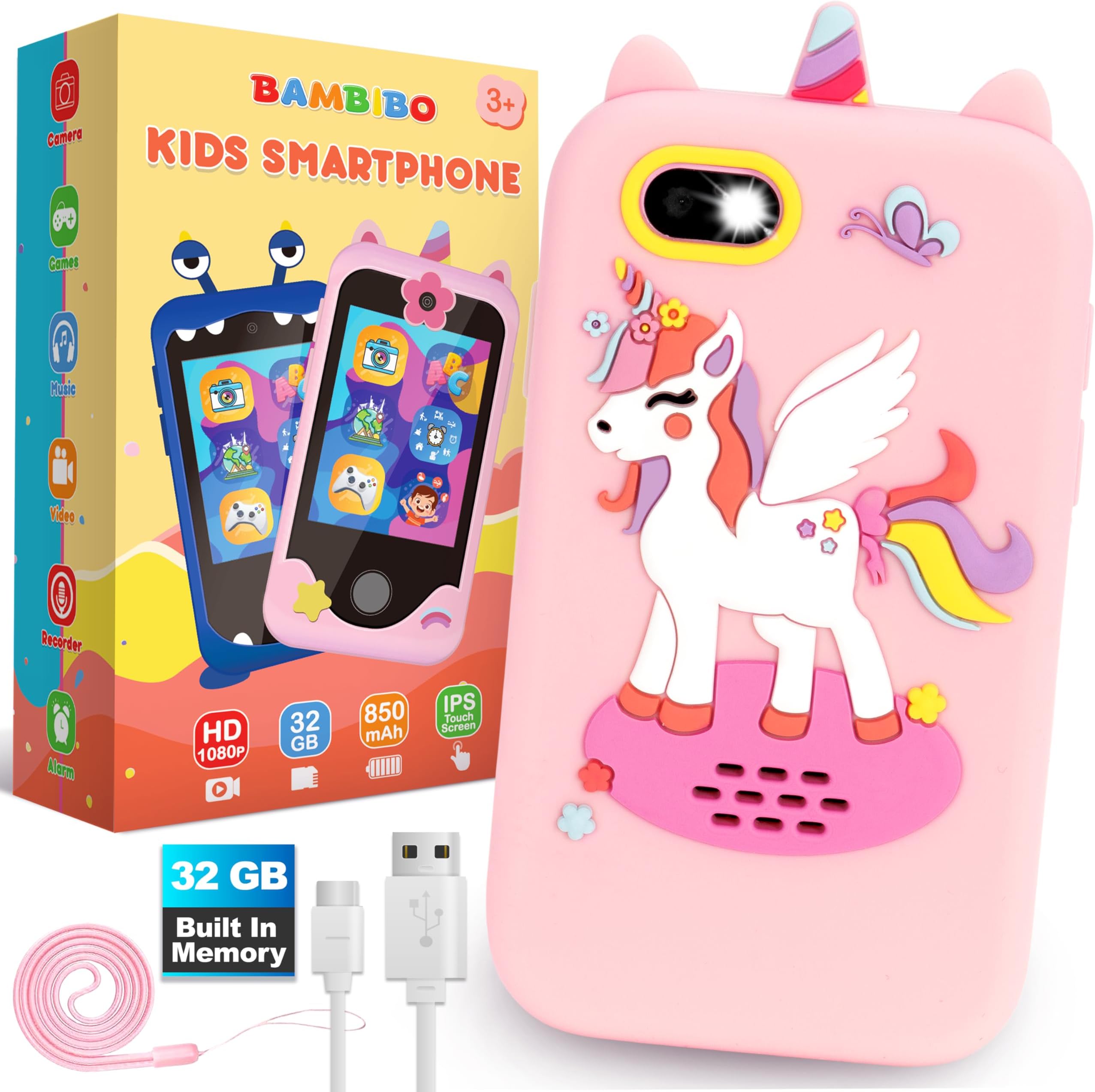 Bambibo Kids Smart Phone for Girls - Built-in 32GB Faster Speed Play Device | Long Lasting 850mAh Battery | 1080p Dual Camera Mini Cell | Unicorn Design for Ages 8-10