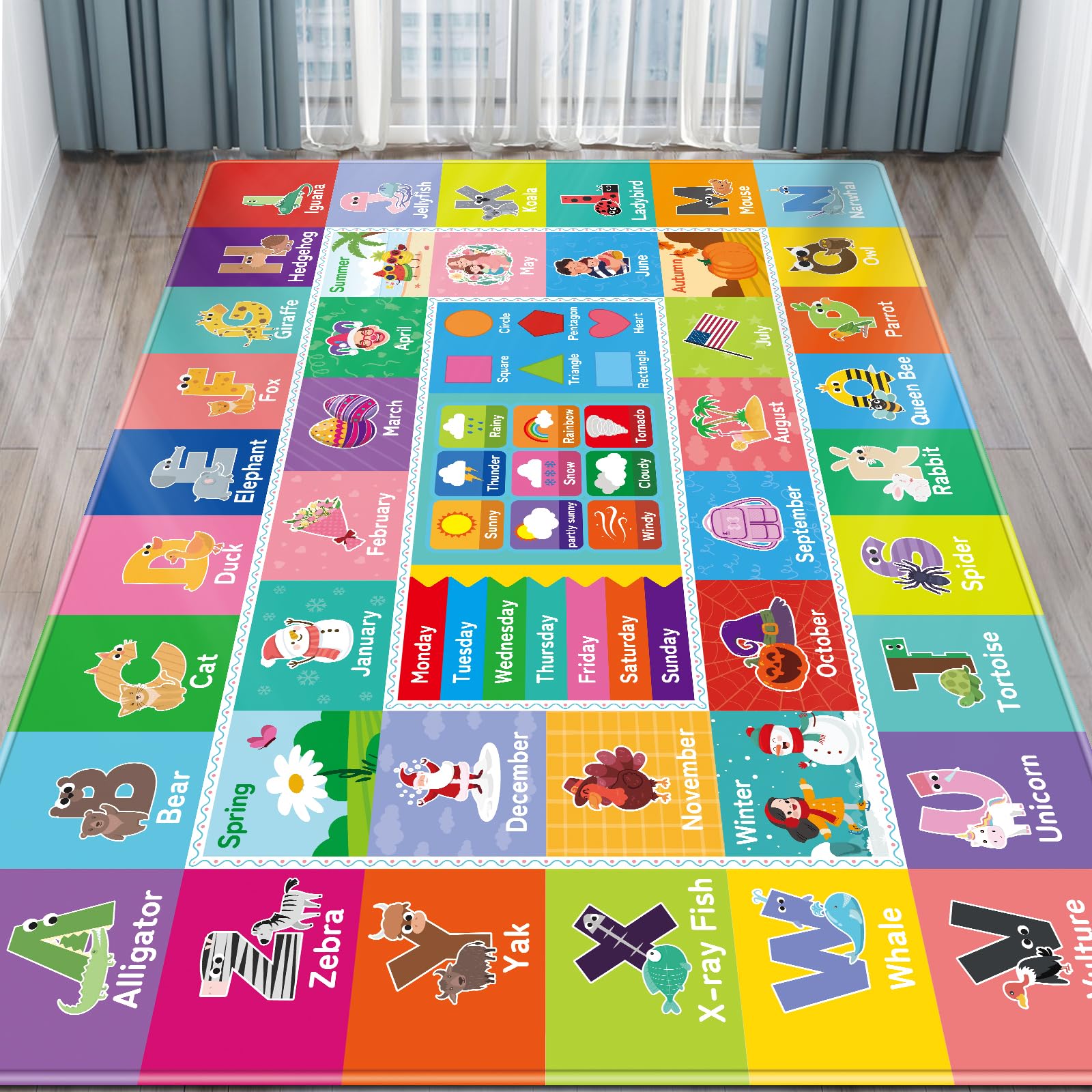 DINSUMRUG Kids Rug for Playroom Baby Playmat with Alphabet, Month, Weather, Week and Shapes ABC Educational Rug