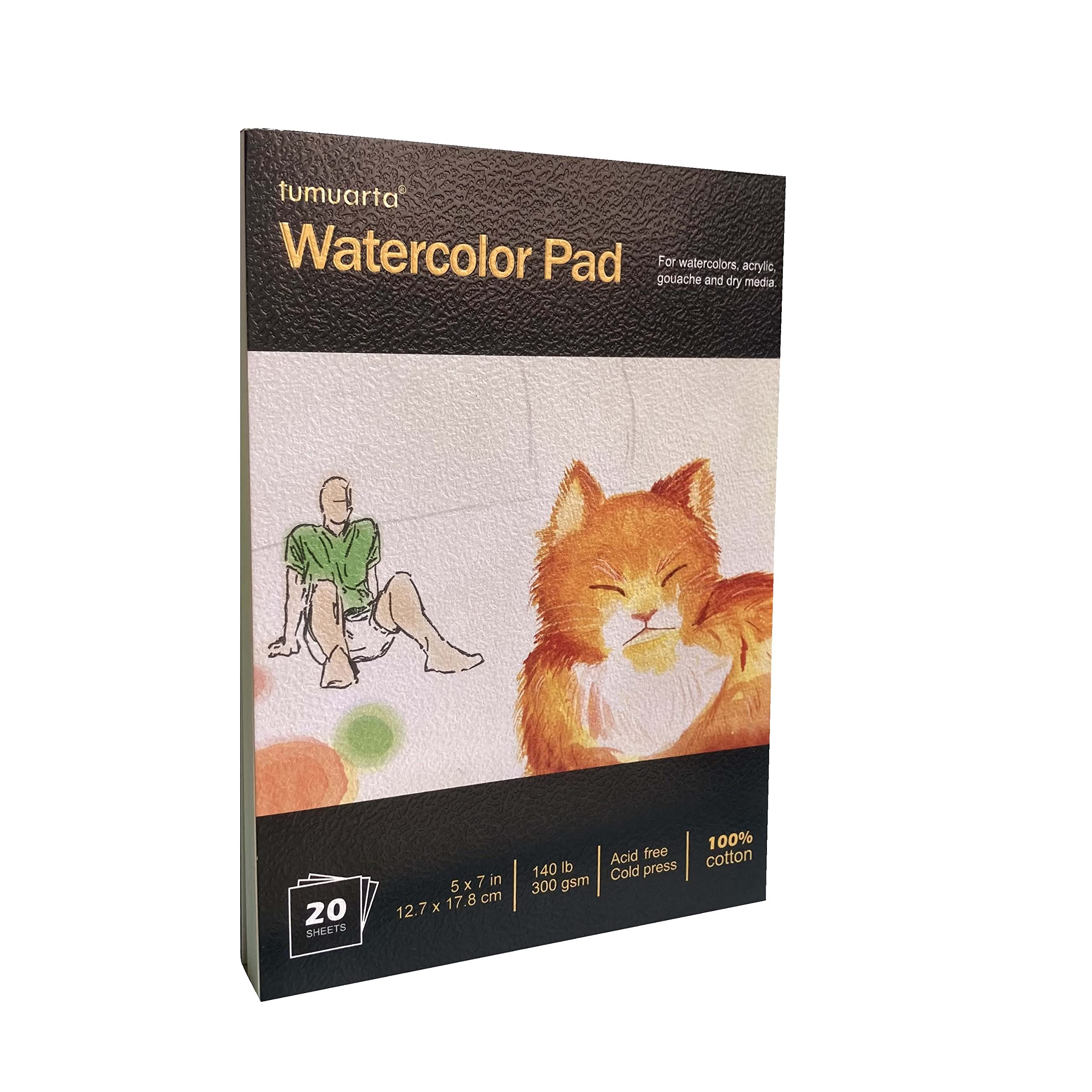tumuarta 100% Cotton Watercolor Paper Pad, Cold Press, 5x7",140 LB, 300 GSM, 20 Sheets, 40 Pages,Acid Free Watercolor Mixed Media Sketchbooks for Watercolors, Acrylic, Gouache and More Dry Media