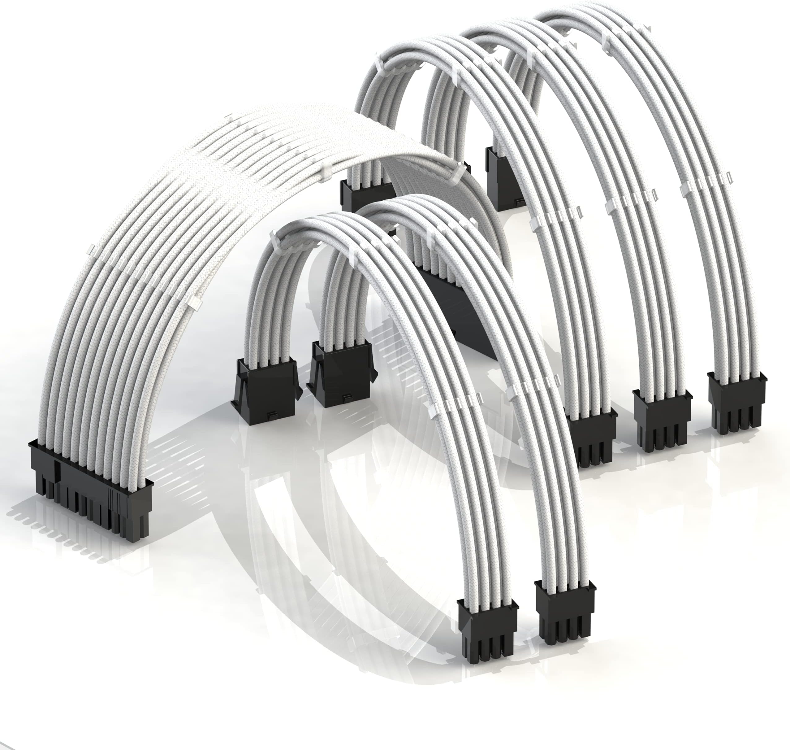 LINKUP - AVA 30cm PSU Cable Extension Sleeved Custom Mod GPU PC Braided w/Comb Kit - Compatible with RTX3090 | 1 x 24 P (20+4) | 2 x 8 P (4+4) CPU | 3 x 8 P (6+2) GPU Set | 300mm - White