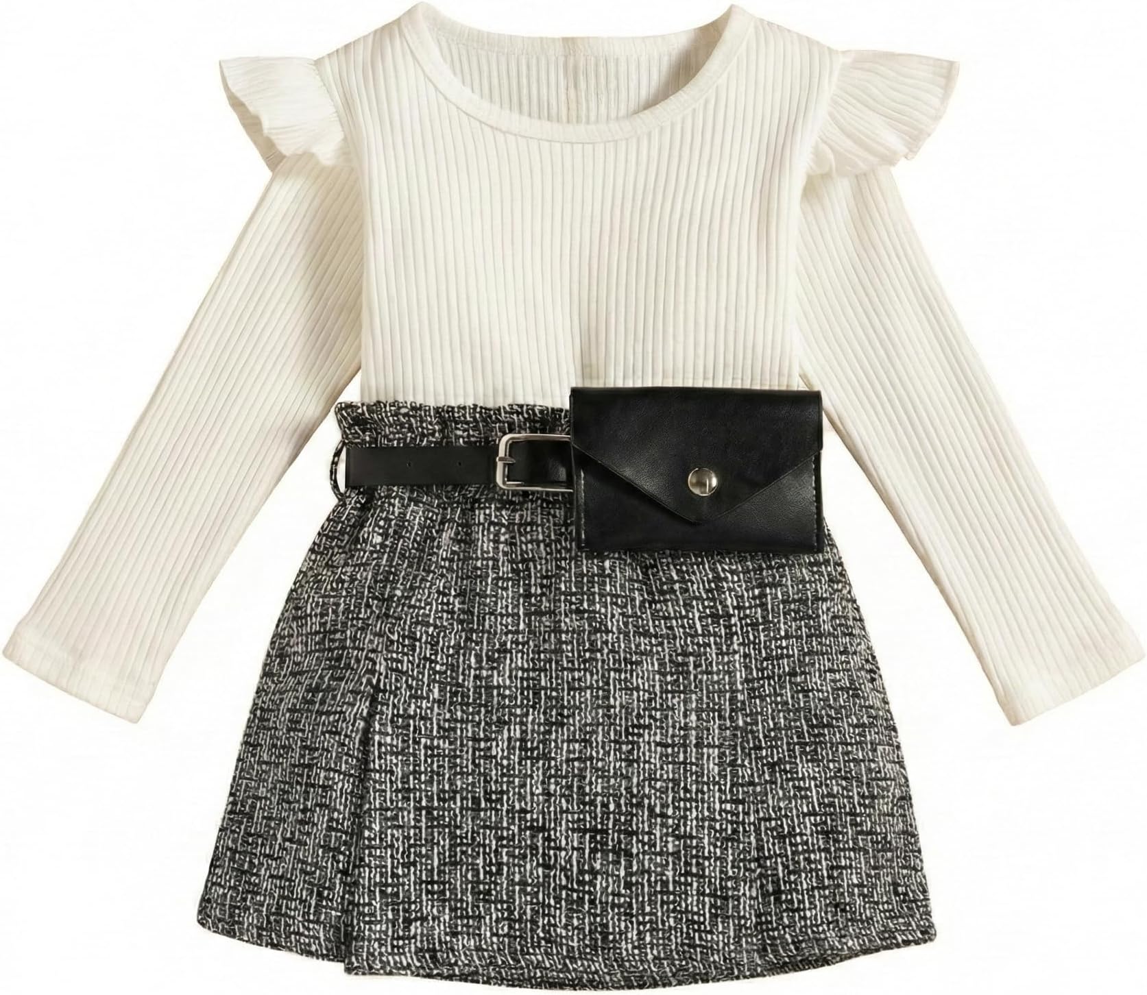 Girls Fall Skirt Set, Long Sleeve Ruffle Ribbed Knit T-Shirt with Plaid Tweed Skirt, Removable Waist Purse and Belt, Toddler Little Girl Western Style Fashion Outfit, 2Y-6Y