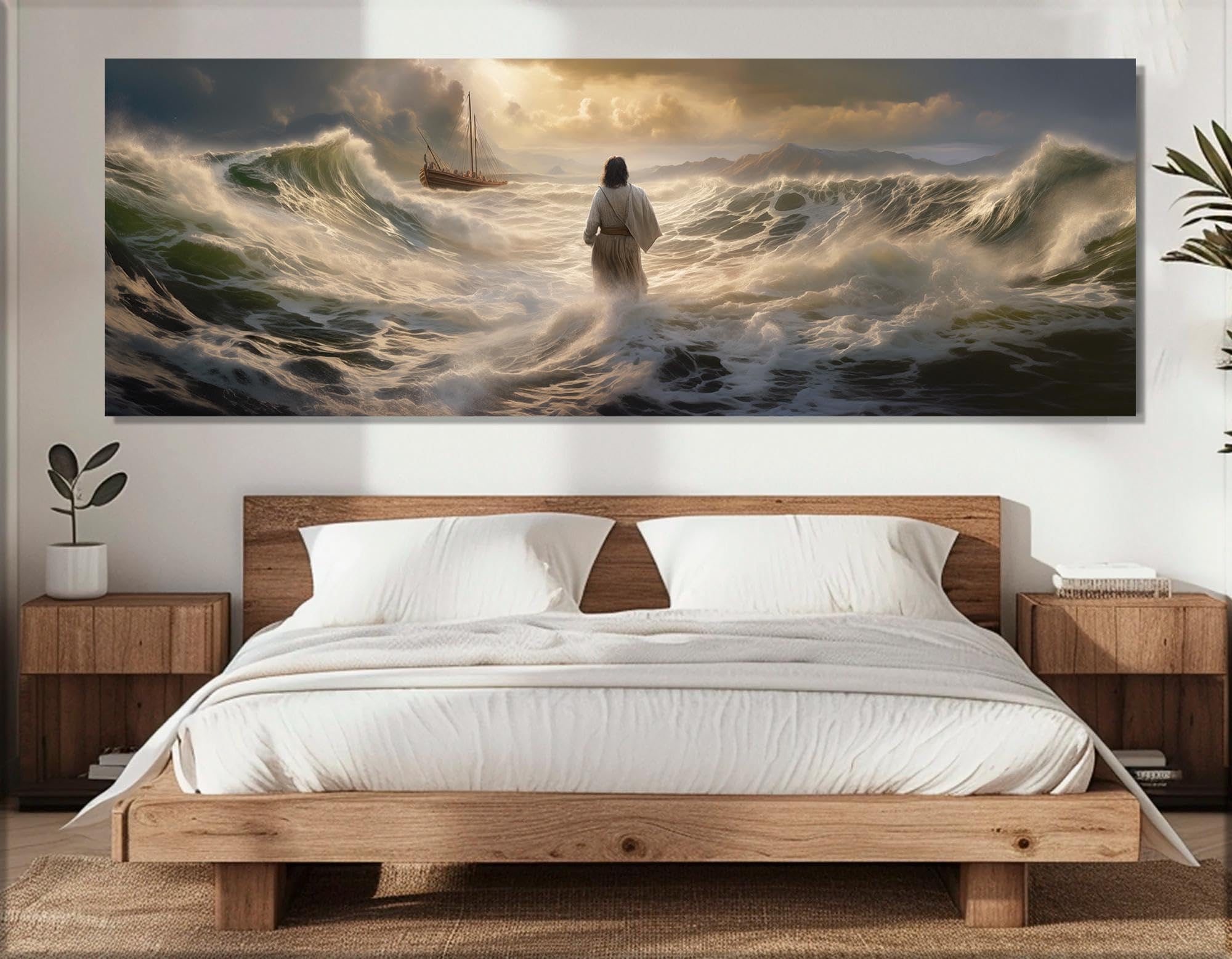 CAOXTART Jesus Walking on Water obraz na płótnie, religijny mural, wydruki plakatowe z Jezusem, religijne płótno ścienne na płótnie, gotowy do powieszenia (55 x 165 cm)