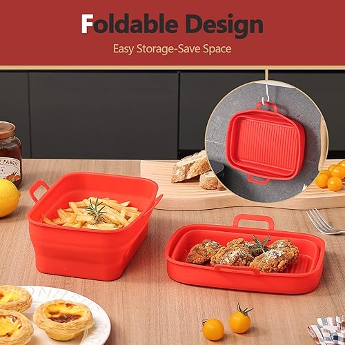 Vista 4 de Paquete de 2 forros de silicona plegables para freidora de aire NINJA Foodi de 8 cuartos y 10 cuartos de galón NINJA Foodi Dual, rectangulares Rojo