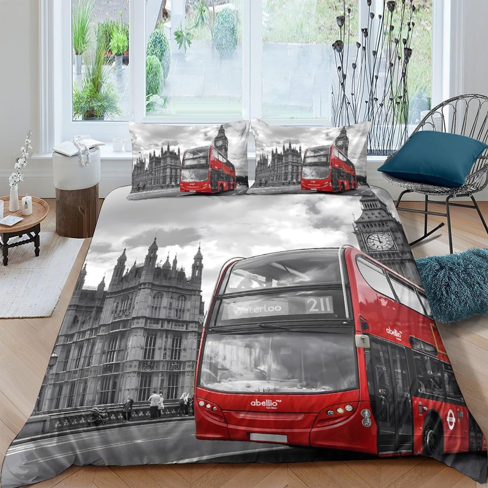 Ctjqhvkz Style-3 3D Printed London Bus Fitted Sheet Microfiber Soft Urban Cityscape Bed Cover For Bedroom Dorm Mattress Protection Decor Single（135X200cm）