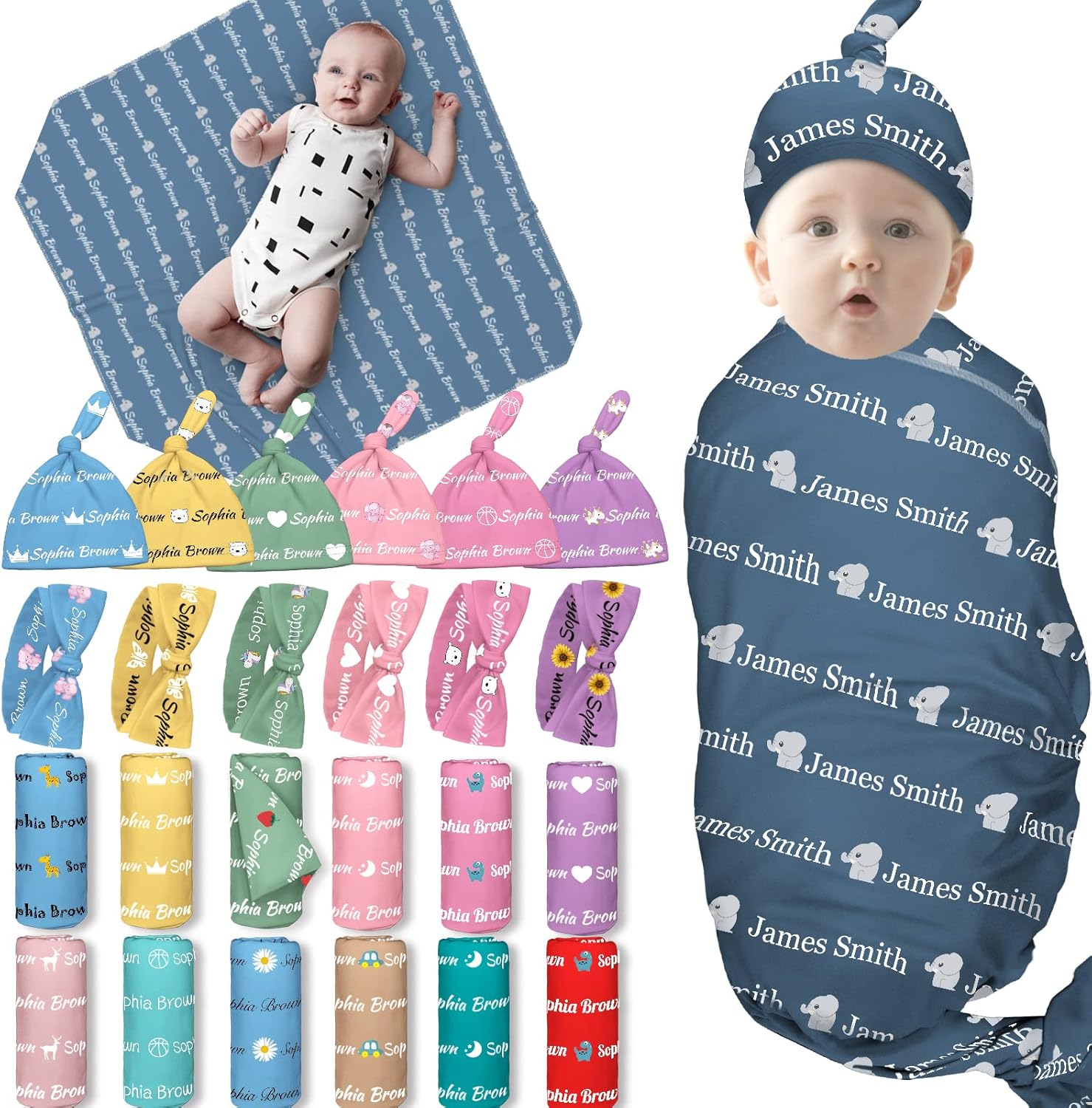 PFTPOW Personalized Swaddle Blanket Baby Boy Girl with Bow Headband and Hat Set