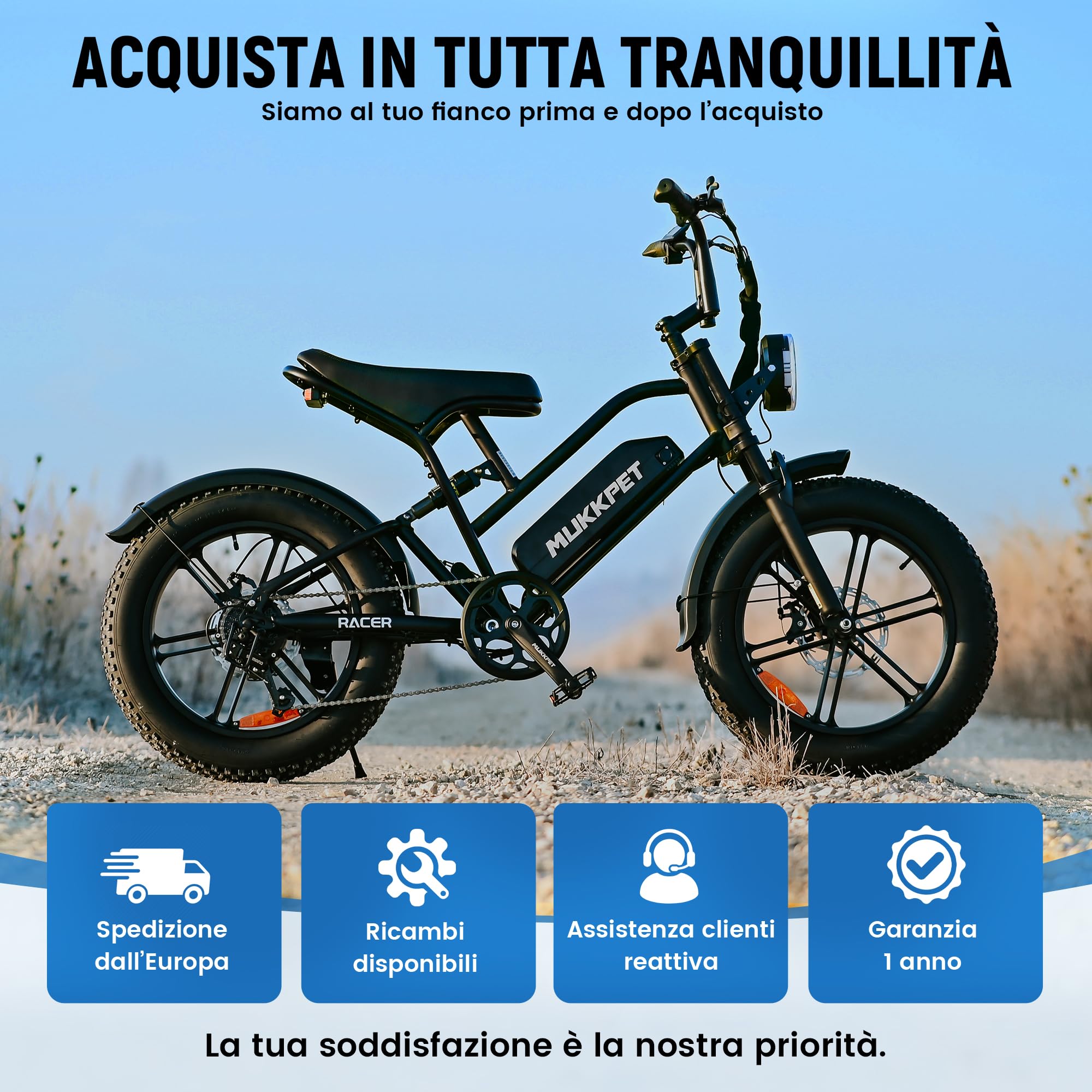Mukkpet Racer, bicicletta elettrica da 48 V, 18 Ah, autonomia 120 km, bici elettrica per adulti, velocità legale 25 km/h, fuoristrada, doppia sospensione, 7 velocità, 20" x 4.0 per