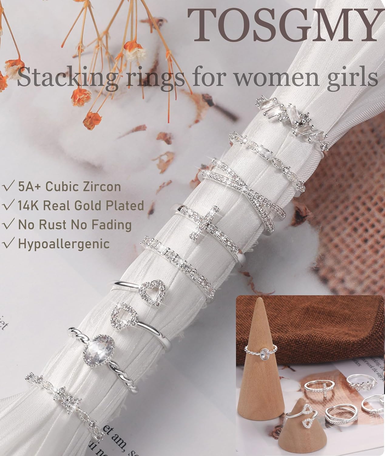 Gold Silver Rings For Women Non Tarnish Gold Plated Stackable Rings Wedding Engagement Bands Dainty 14K Gold Ring Simple Trendy Cubic Zirconia Thumb Stacking Ring Pack Size 4-11 - Image 3