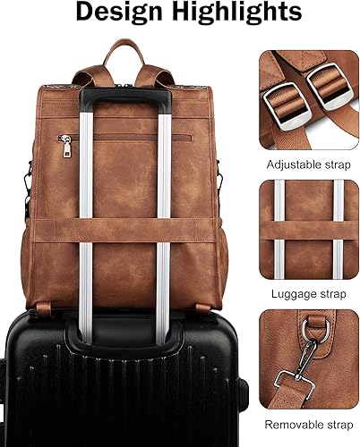 Miniatura 6 de FADEON Mochila de cuero para laptop para mujer, mochila de diseñador para mujer, mochila de viaje para computadora con compartimento para laptop,