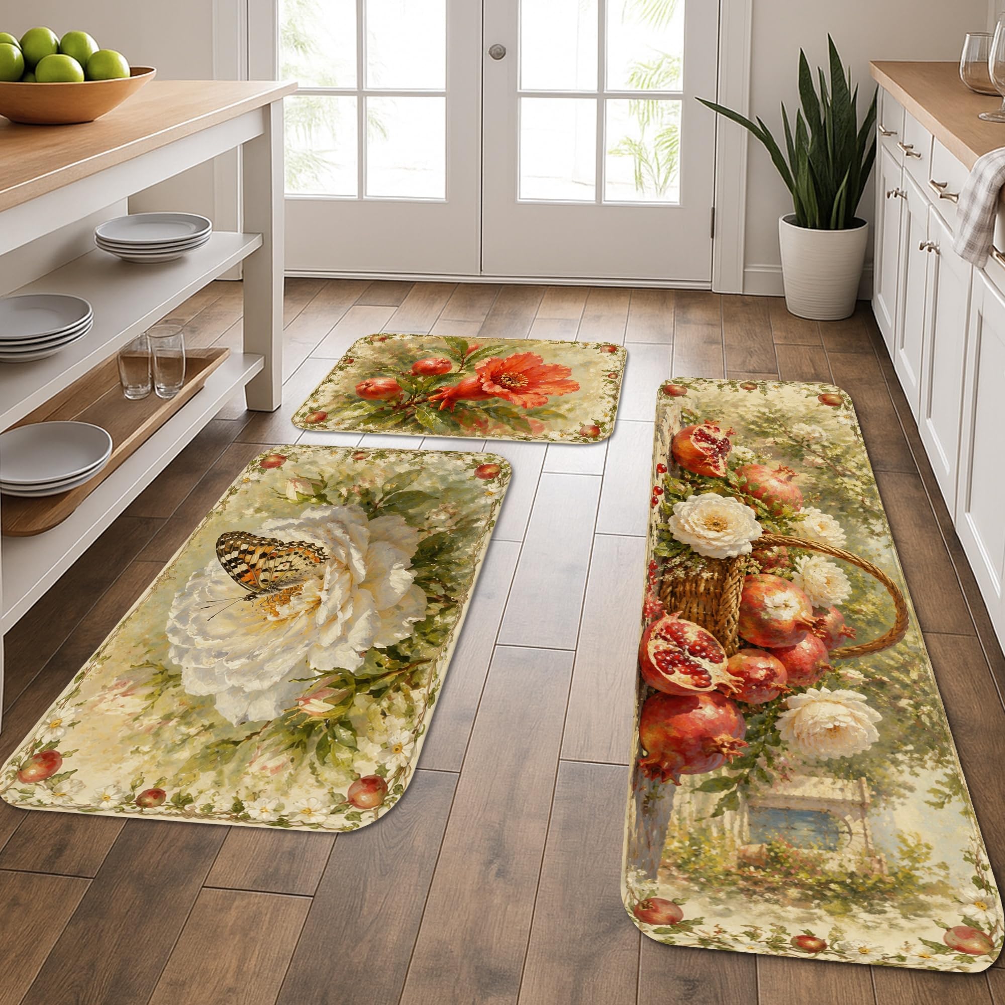 Tapis de cuisine pour évier motif pivoine et grenade style vintage