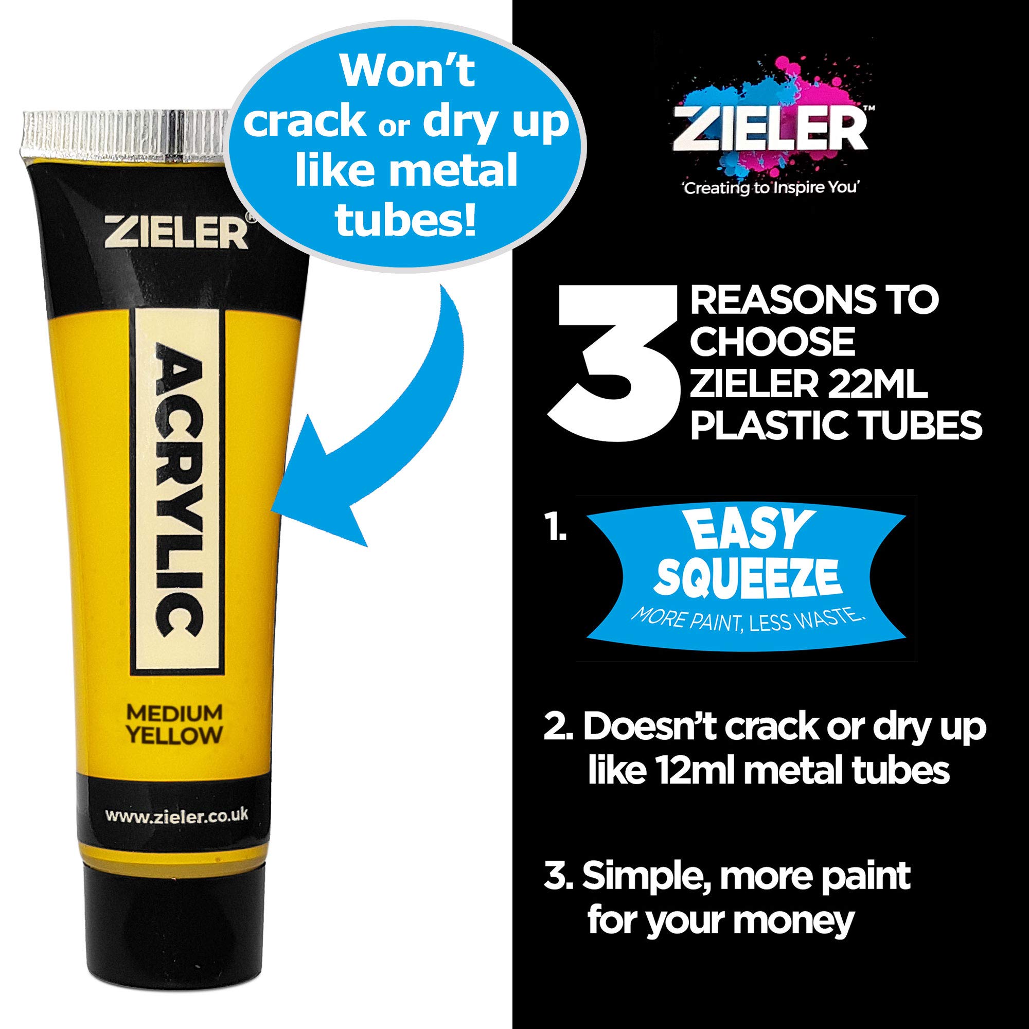 Juego de pintura acrílica premium (24 tubos grandes de 22 ml) - por Zieler®. Ideal para papel, lienzo, madera, cerámica, tela y manualidades. Incluye guía de inicio