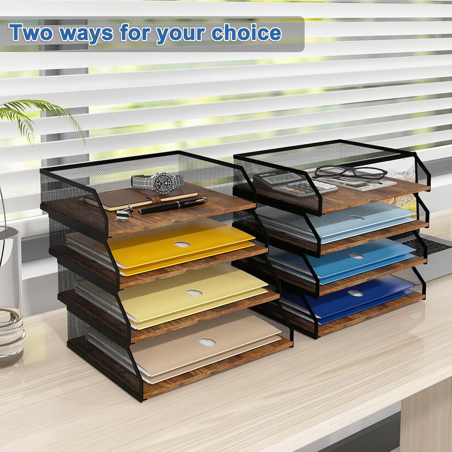 Natwind 4-Tier Stackable Paper Tray, Wooden Paper Organizer for Desk,Metal Mesh Desktop Organizer, Paper Sorter, Letter Trays,File Document Storage Rack for for Home, Office, School (Retro)
