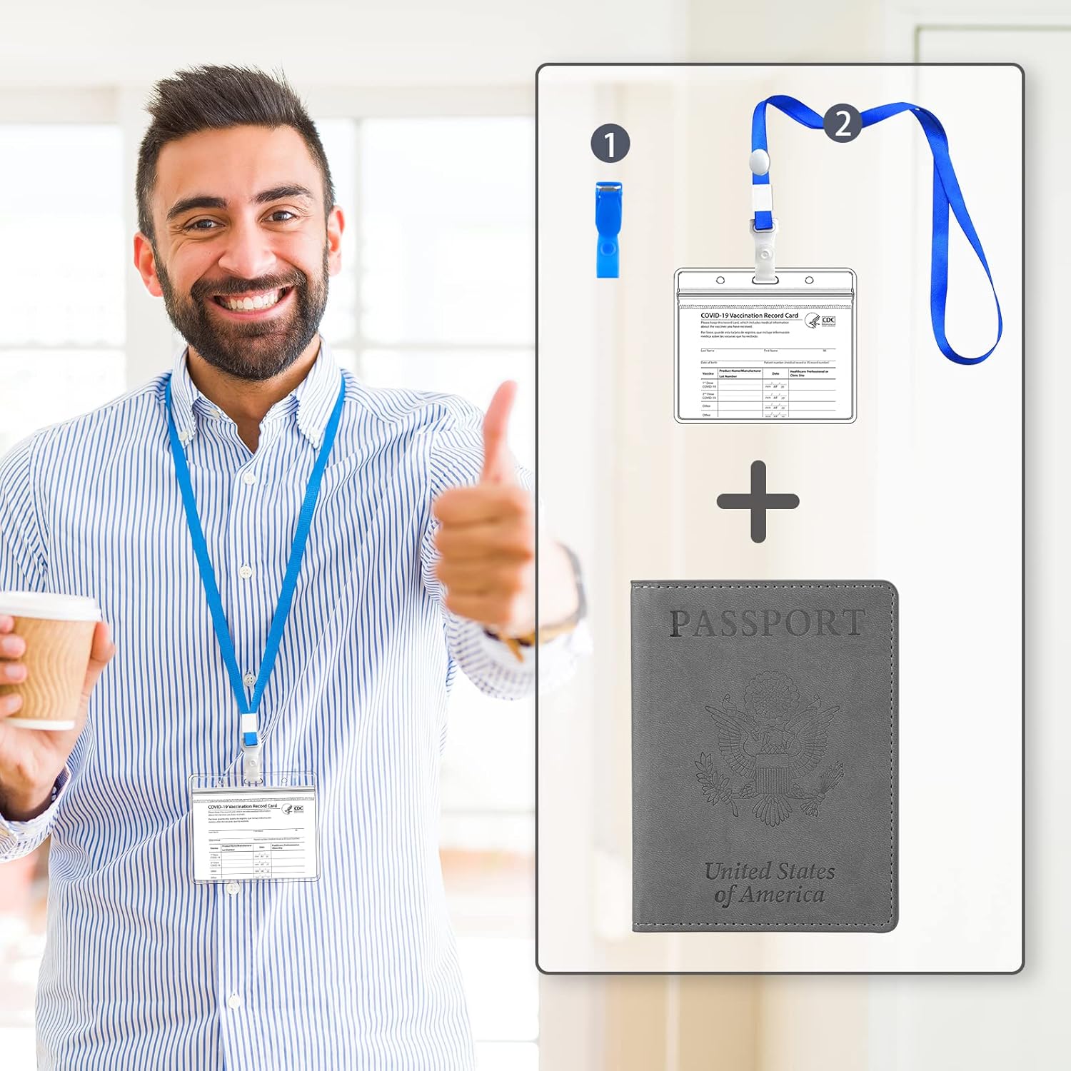  | Passport and Vaccine Card Holder Combo, Leather Cover Case with CDC Vaccination Card Slot and Passport Holder, Travel Documents Organizer Protector for Women and Men (Grey) | Passport Covers