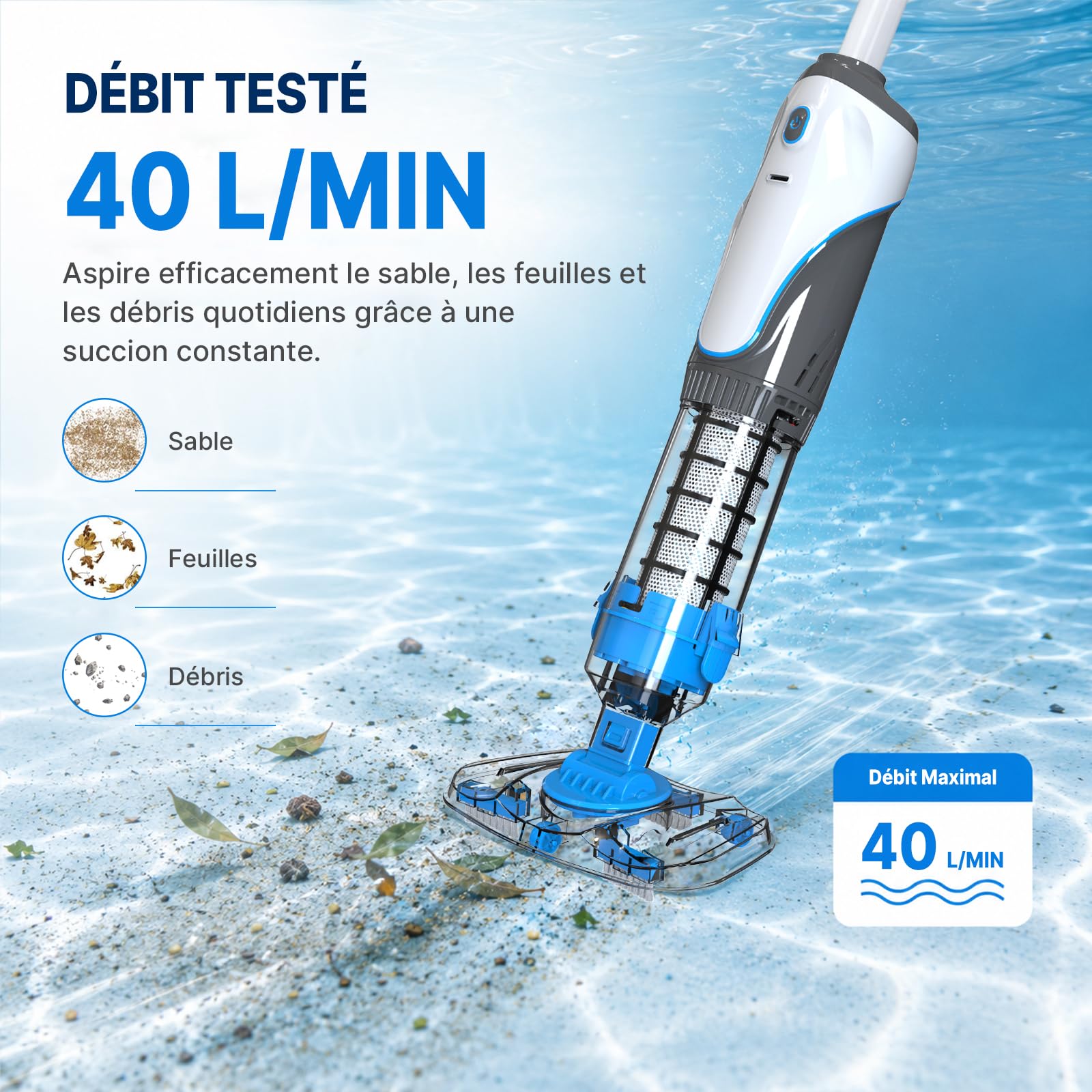 2026​ Aspirateur Piscine à Batterie, Aspirateur de Spa sans Fil | Aspirateur Balai Piscine Hors Sol, Nettoyeur Électrique pour Spa, Jacuzzi, Petite Piscine, Double Filtration, Bleu