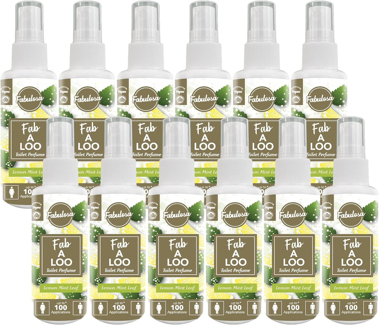 Fab-A-Loo Odour Remover, Compact Toilet Air Freshener Perfume Spray, 60ml, Pack of 12, Lemon Mint Leaf