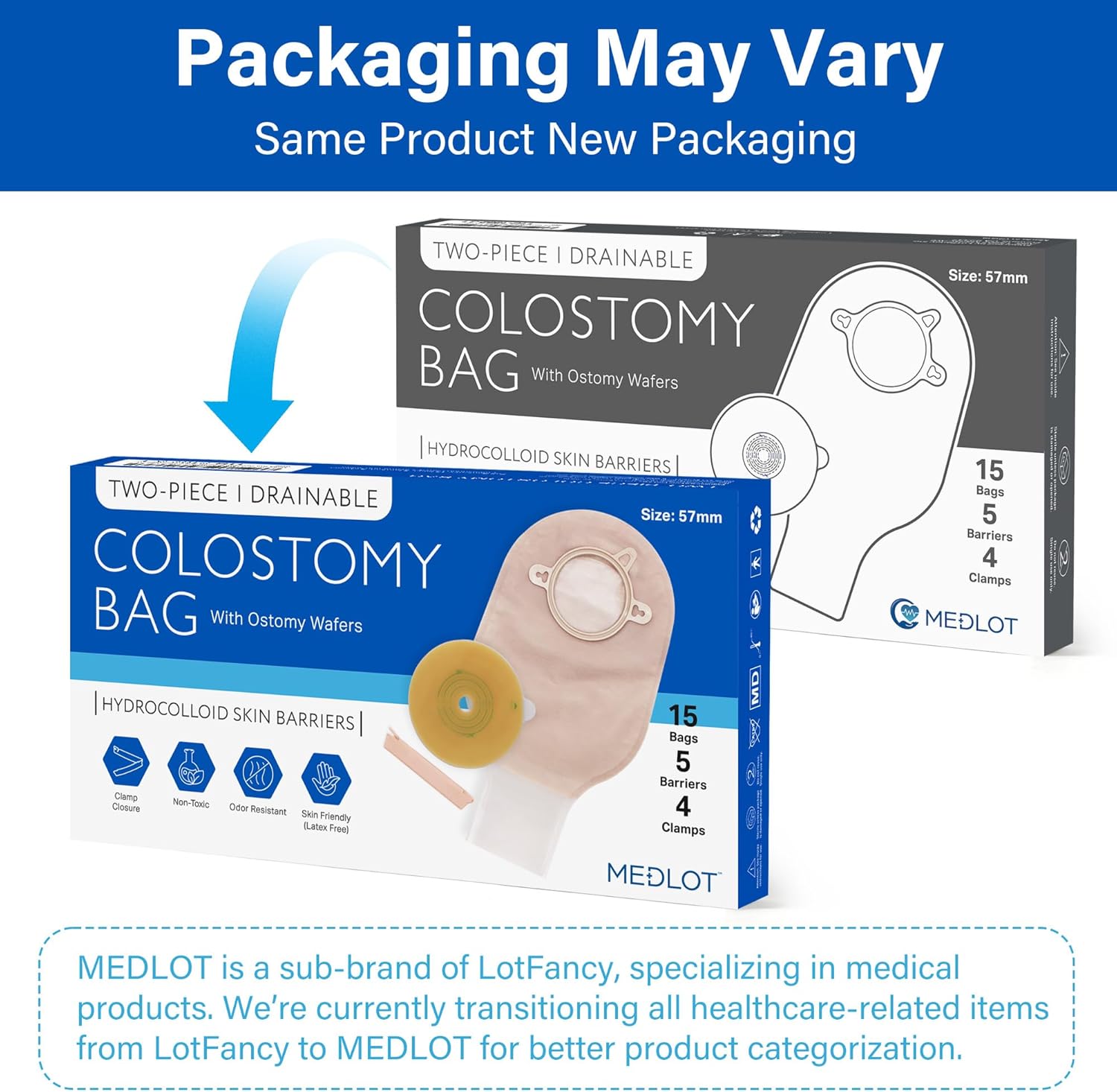 LotFancy Ostomy Bags Two-Piece, Colostomy Ileostomy Supplies, Hydrocolloid Skin Barrier, Cut-to-Fit 1” to 2 1/4”, Locking Ring Connection, 15 Pouches + 5 Barriers