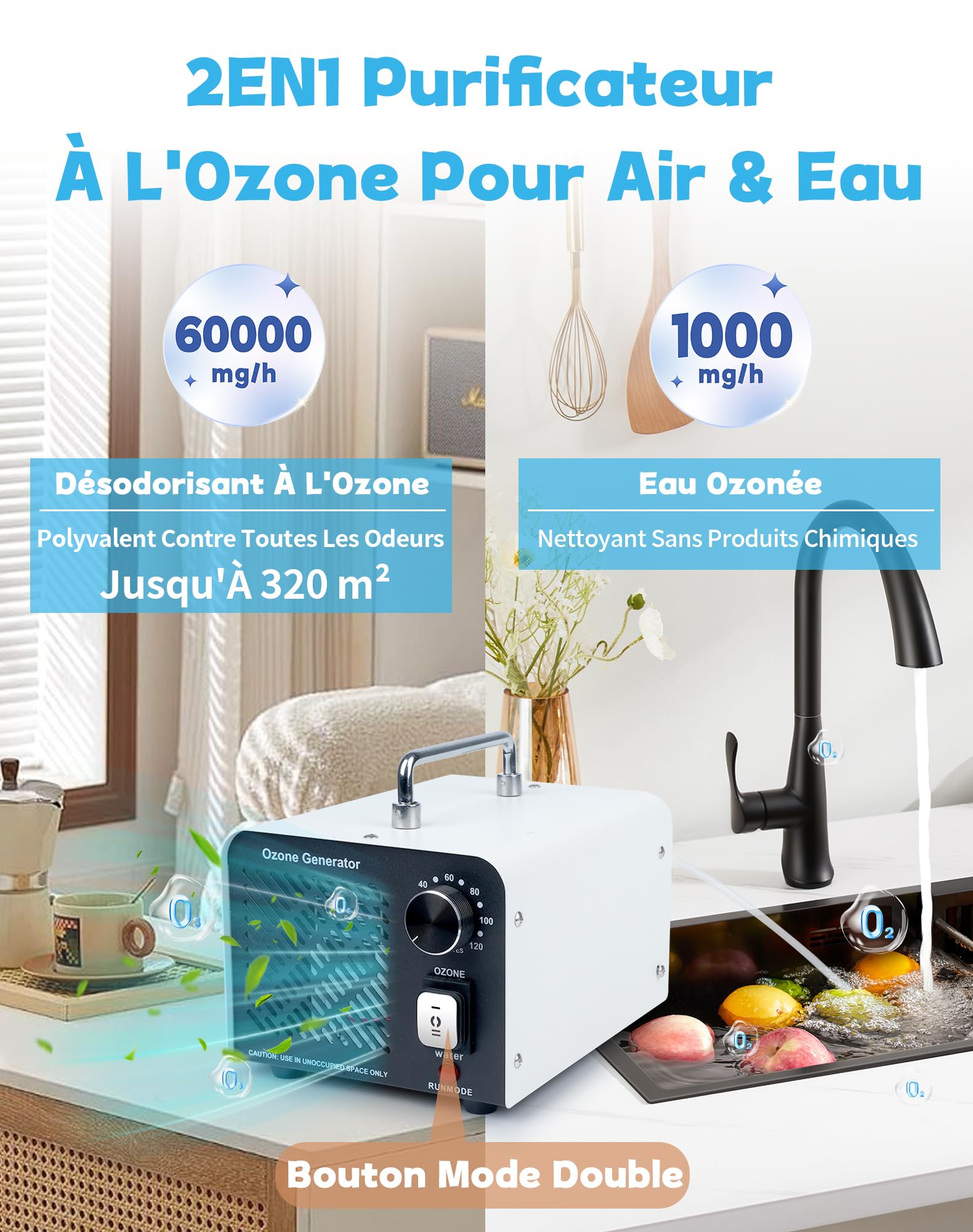 2IN1 Générateur d'Ozone 60 000 mg/h Purificateur d'ozone avec mode eau et air O3 Generateur Ozone pour Éliminer les Odeurs Ozonateur 150W Purificateur d'air à l'ozone pour maison et voiture Animaux