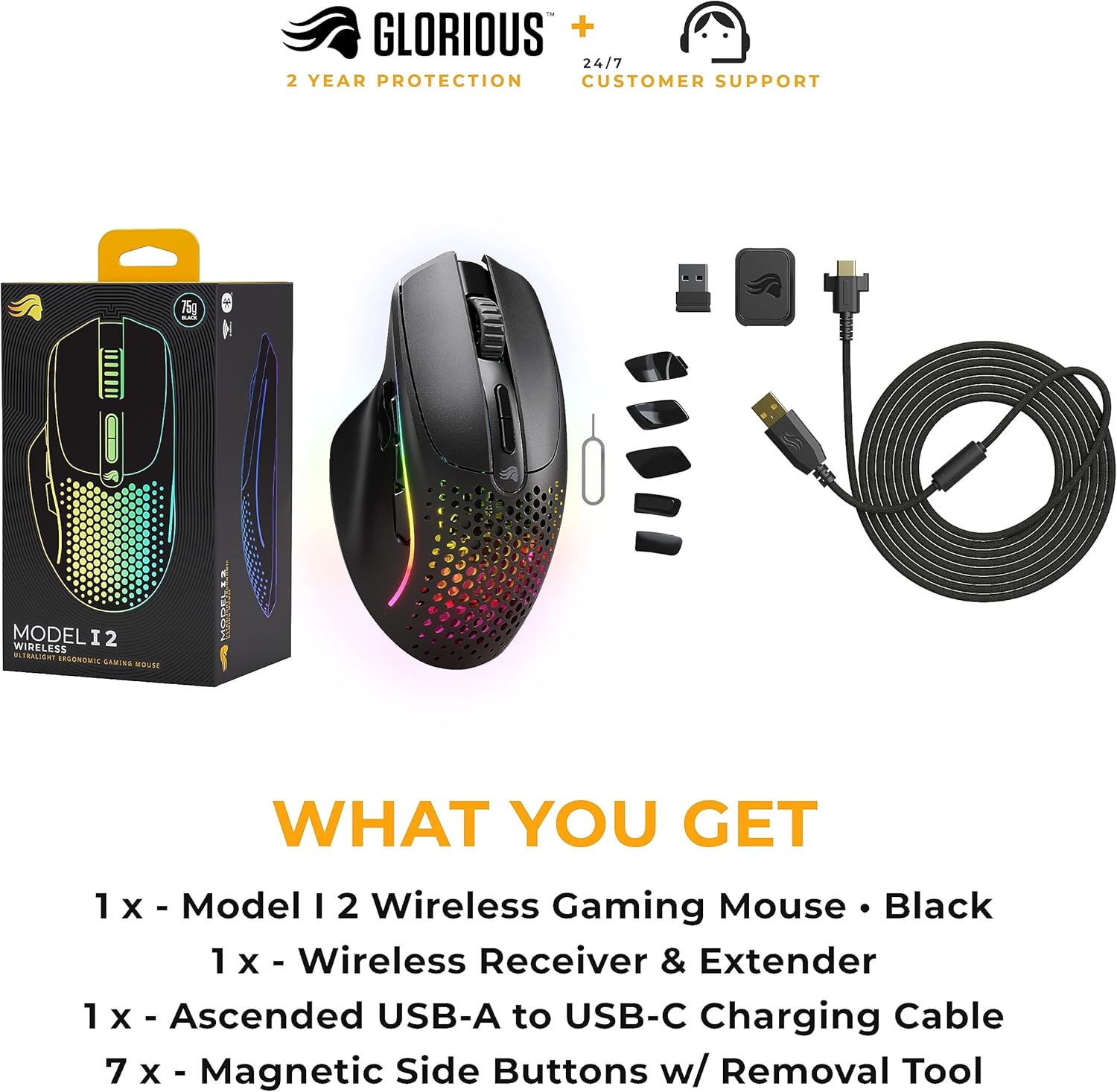 Contents of Glorious Model I 2 Wireless Gaming Mouse package