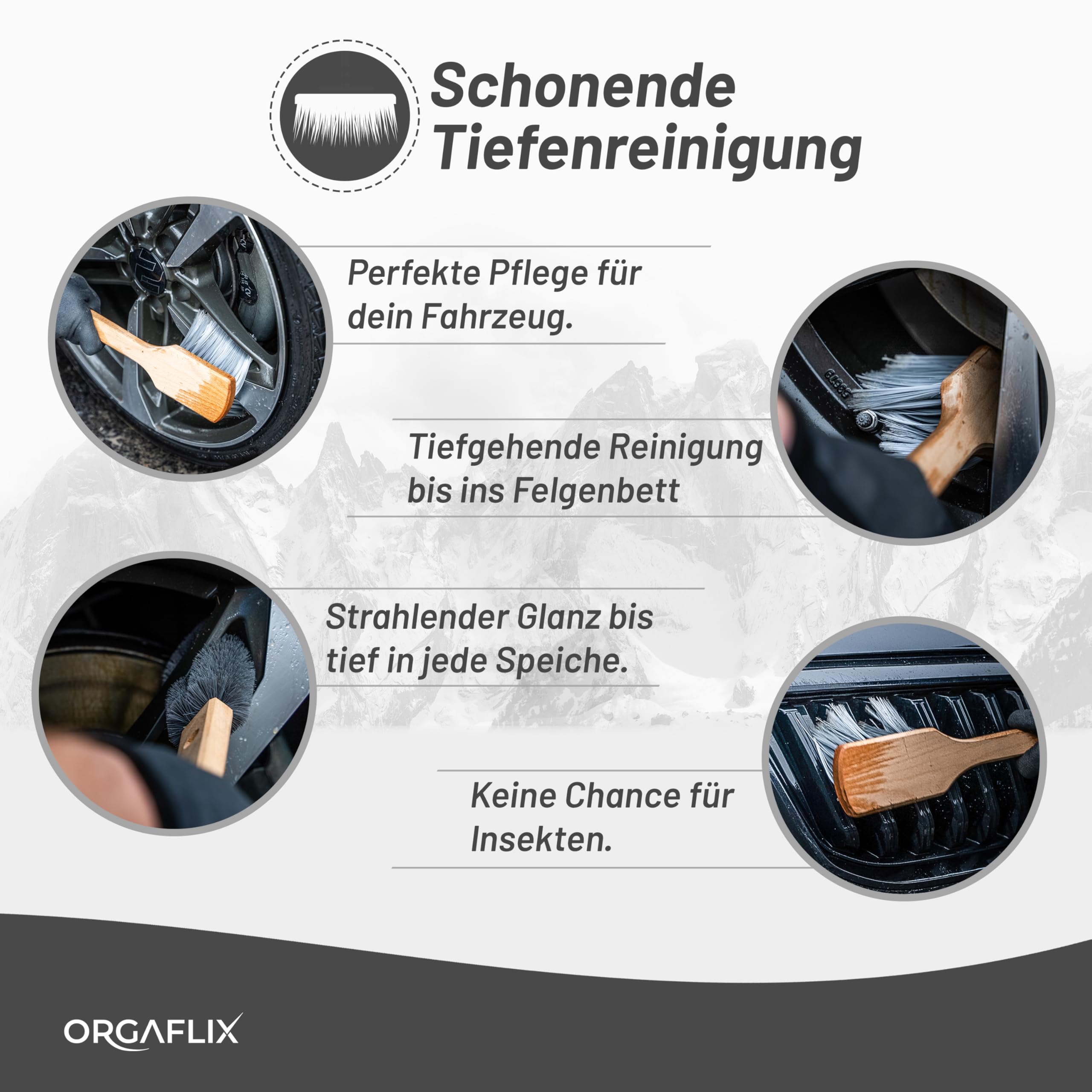 ORGAFLIX Szczotka premium do felg i felg 2 w 1, odporna na zarysowania, z miękkim syntetycznym włosiem, szczotka do mycia samochodu, motocykla, roweru, roweru elektrycznego i kampera – Made in Germany