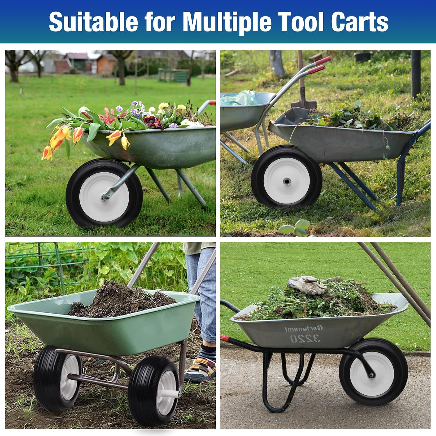 BAIVE BW 3.50/3.50-8" Flat Free, 14 inch 5/8" Bearings Air Less Tires with 6" Iron Hub, Universal Hand Truck Solid Pneumatic Trailer Wheelbarrow Tire, Wagon Garden Cart Tire, Ribbed Tread