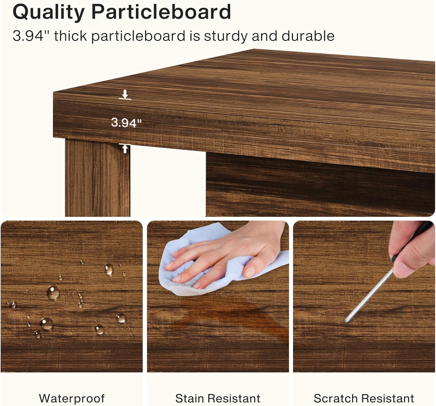 Image illustrating the waterproof, stain-resistant, and scratch-resistant properties of the Tribesigns Bar Table's particleboard surface.