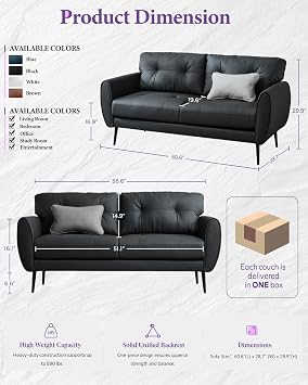TYBOATLE Sofa Couch 61 Small Loveseat Couches for Living Room, Black Faux Leather Couch Mid Century Modern Tufted Mini Sofa Comfy Office 2 Seat Settee Love Seat Couches for Small Spaces Bedroom