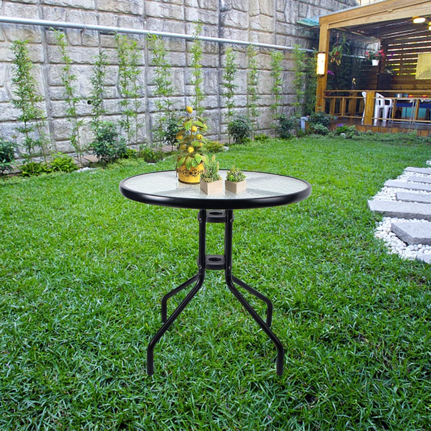 Gartentisch Rund 60 cm Schwarz Sicherheitsglas Balkon Outdoor | Pulverbeschichteter Stahl, UV-beständig, rutschfest, wetterfest, stylisch, pflegeleicht