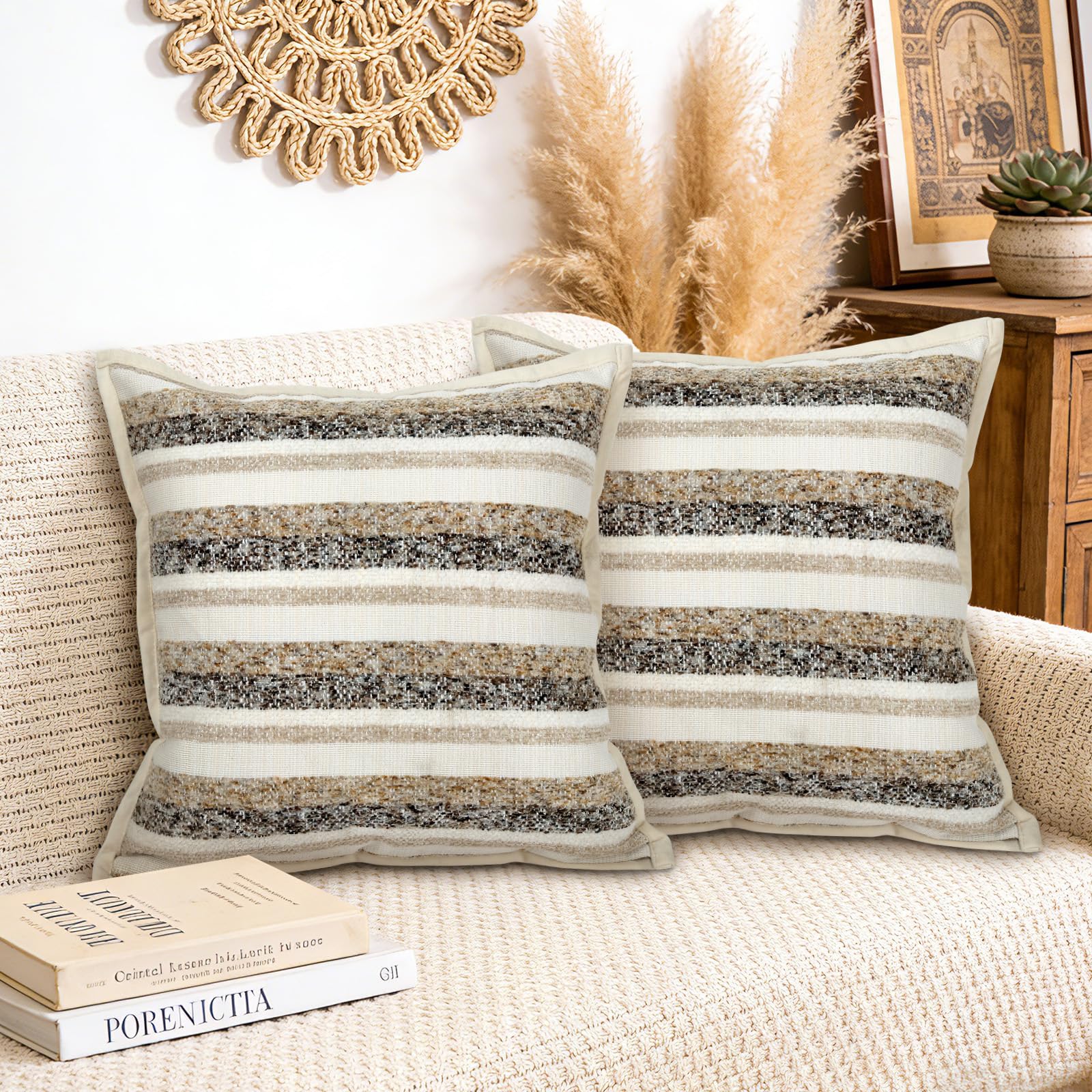Joymaison 45x45 Pack of 2 Boho Striped Chenille Throw Pillow Cushion Covers