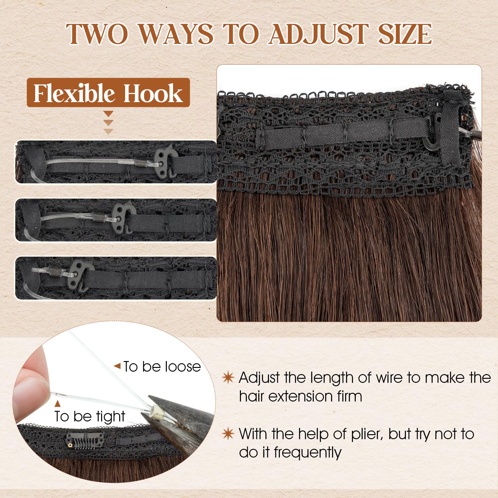 Benehair #2 Dark Brown Real Hair Secret Wire Extensions Remy Human Invisible Wire Hair Extensions with Clips One Piece Adjustable Straight 20 Inches (70g) - Image 3