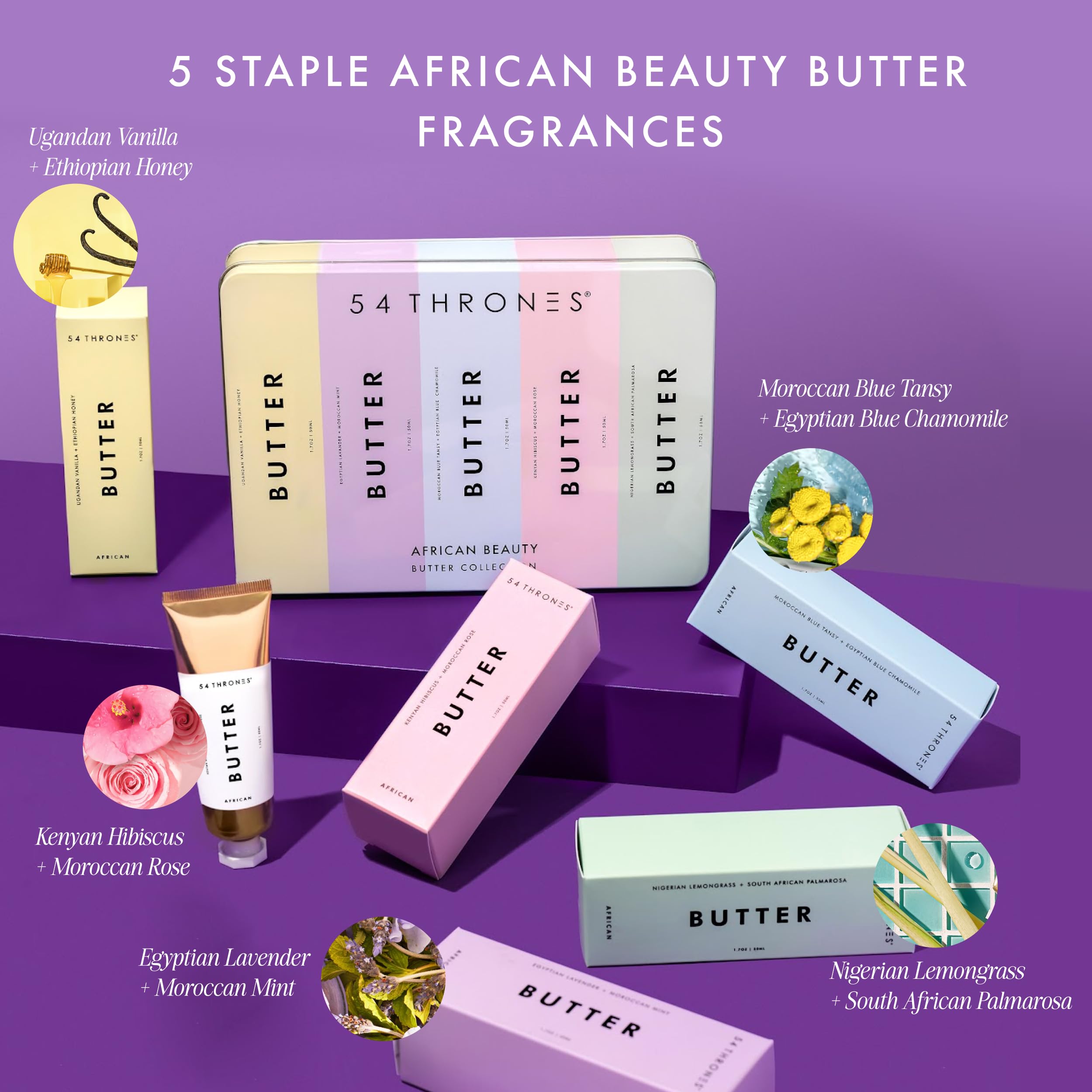 54 Thrones Oprah's Favorite Things: African Beauty Butter Collection Deluxe Lata, soporte intensivo para la piel seca, mantequilla corporal hidratante para mujeres, bloquea la humedad, juego de 5